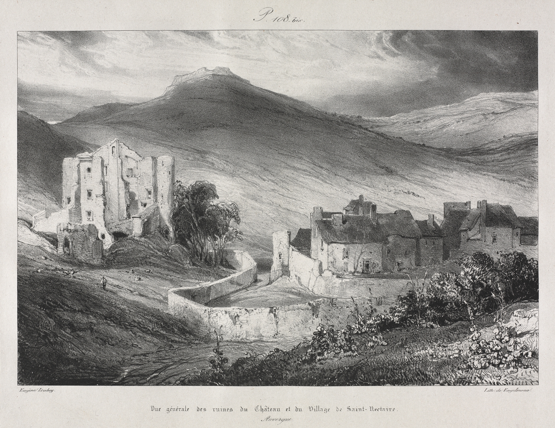 Ruines du château et du village de Saint Nectaire, by Eugène Isabey, public domain