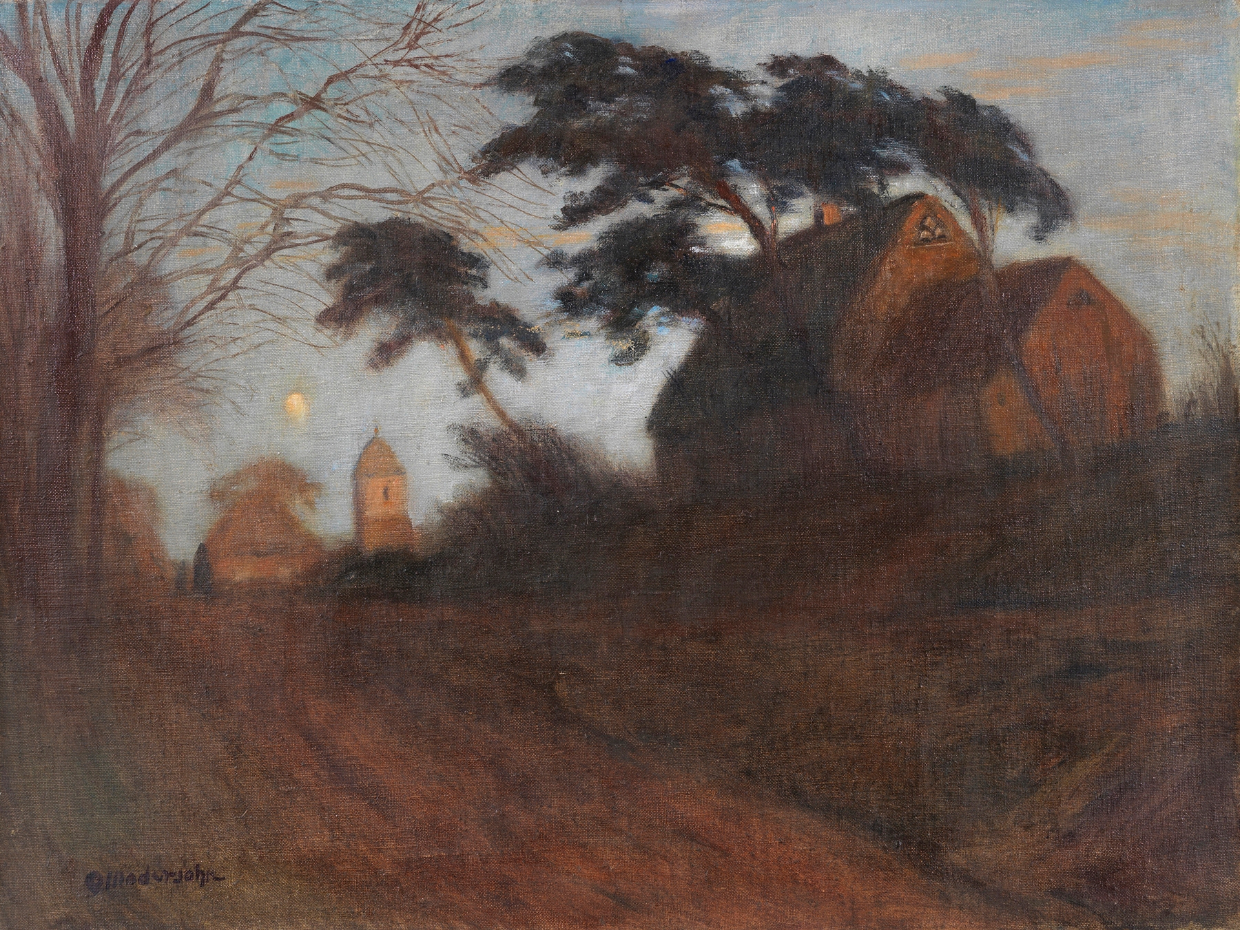 Eingang von Worpswede, oil on canvas by Otto Modersohn, depicting a twilight landscape with a forge.