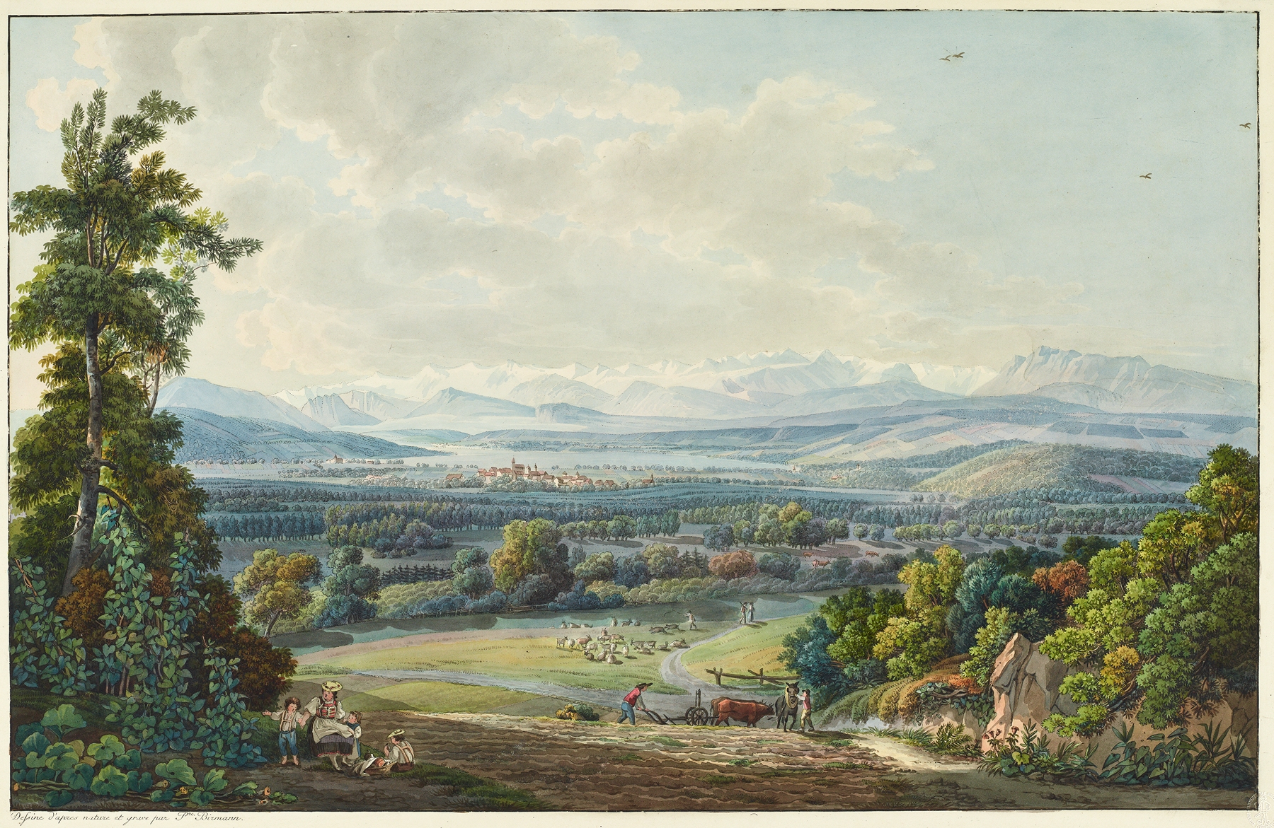 Oil painting by Peter Birmann depicting hills, a lake, and the Alps.