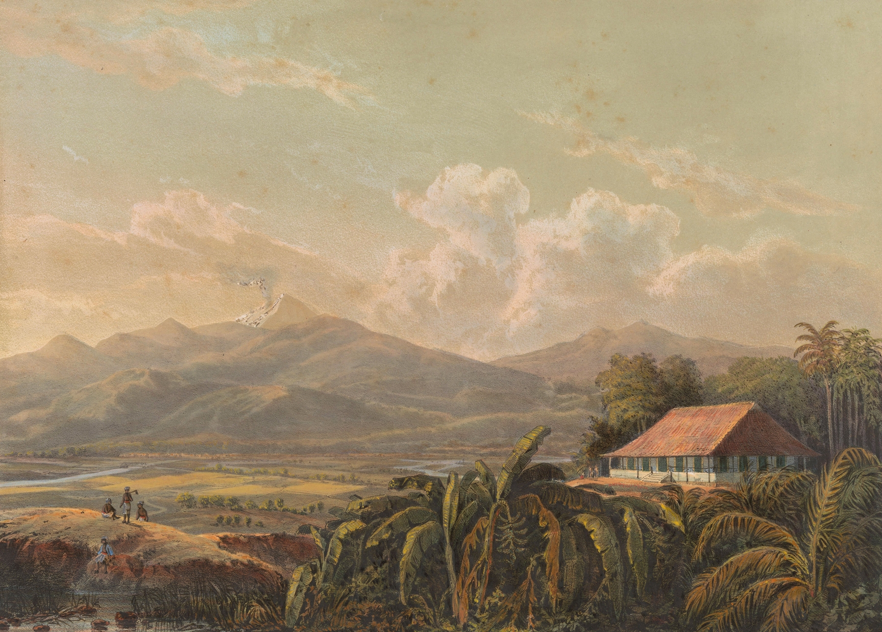 Gezicht op landgoed en residentie Tjiptrap op Java, by Johan Conrad Greive, public domain
