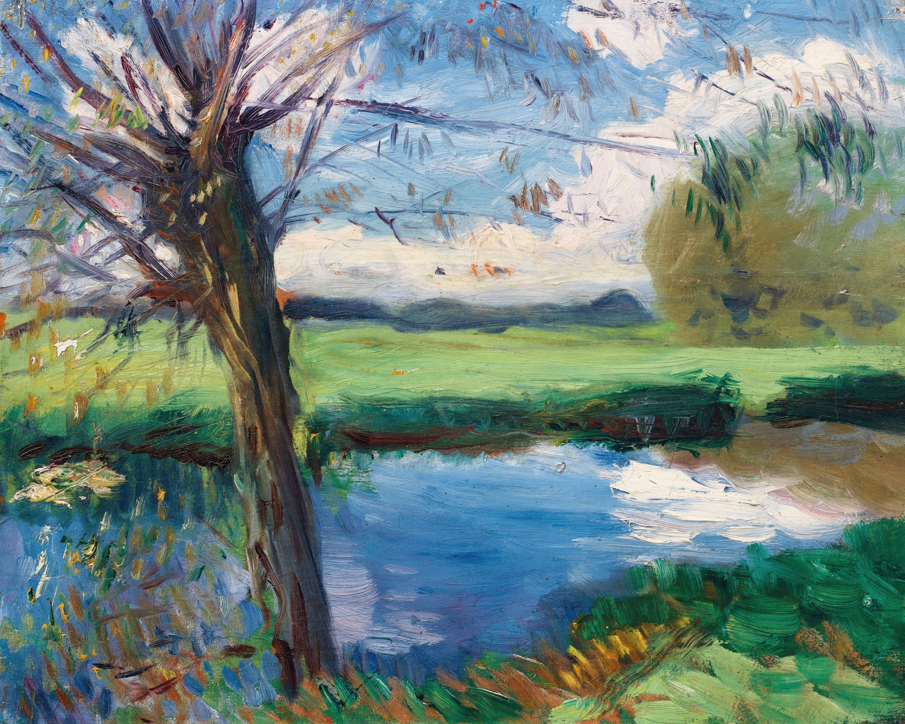 River Bank, near Oxford by John Singer Sargent, oil painting depicting a serene landscape with dappled light.