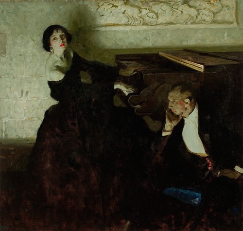 A romantic couple seated by a piano in a cozy interior.
