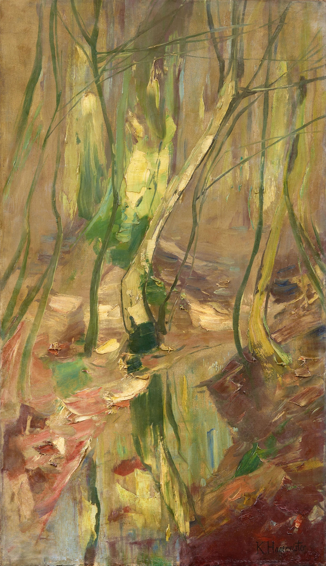 Waldlandschaft mit Bachlauf by Karl Hagemeister, impressionism, depicting a stream and lush forest.