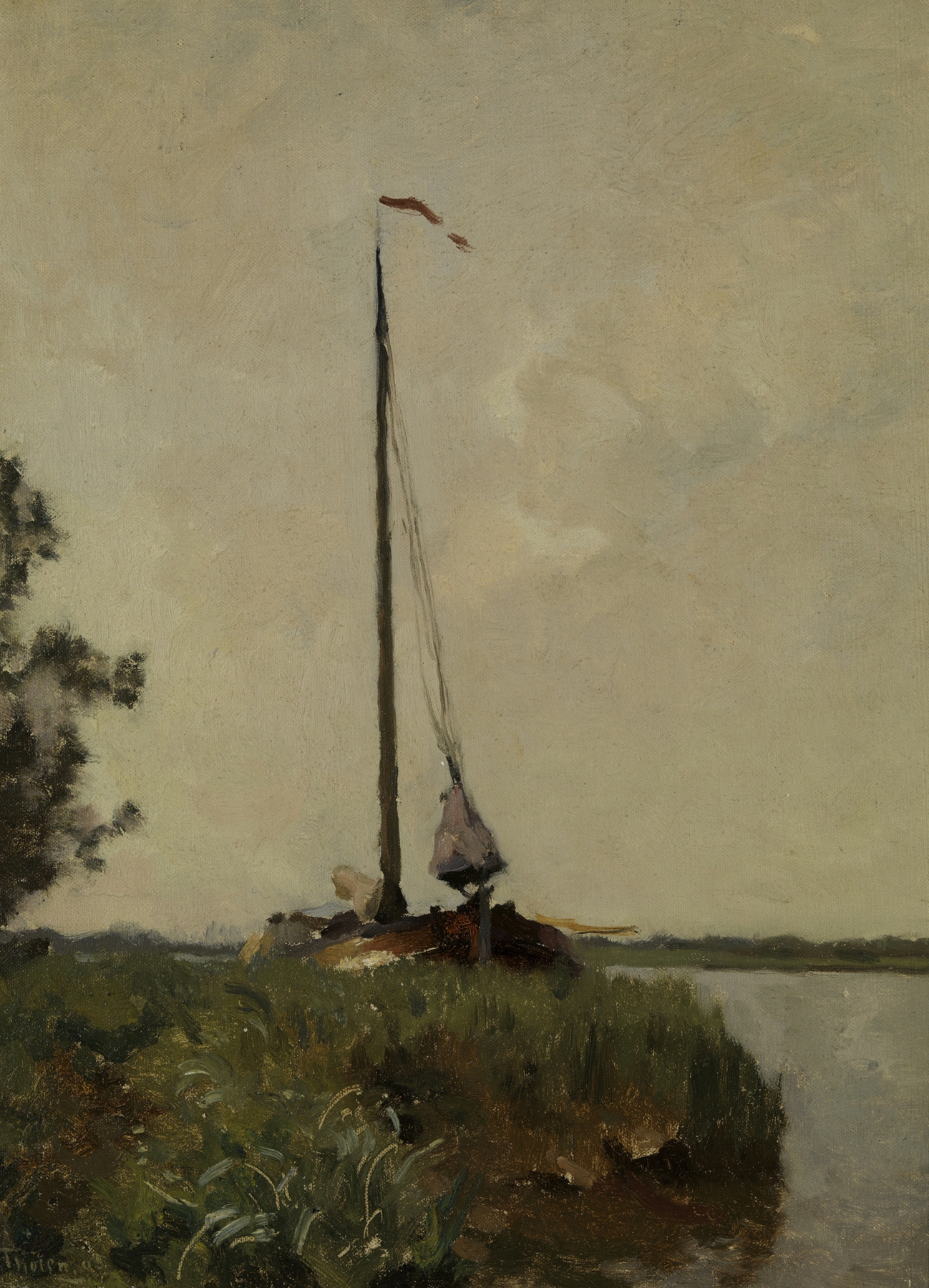 Landschap met schuit, oil on canvas by Willem Bastiaan Tholen, depicting a serene river landscape.