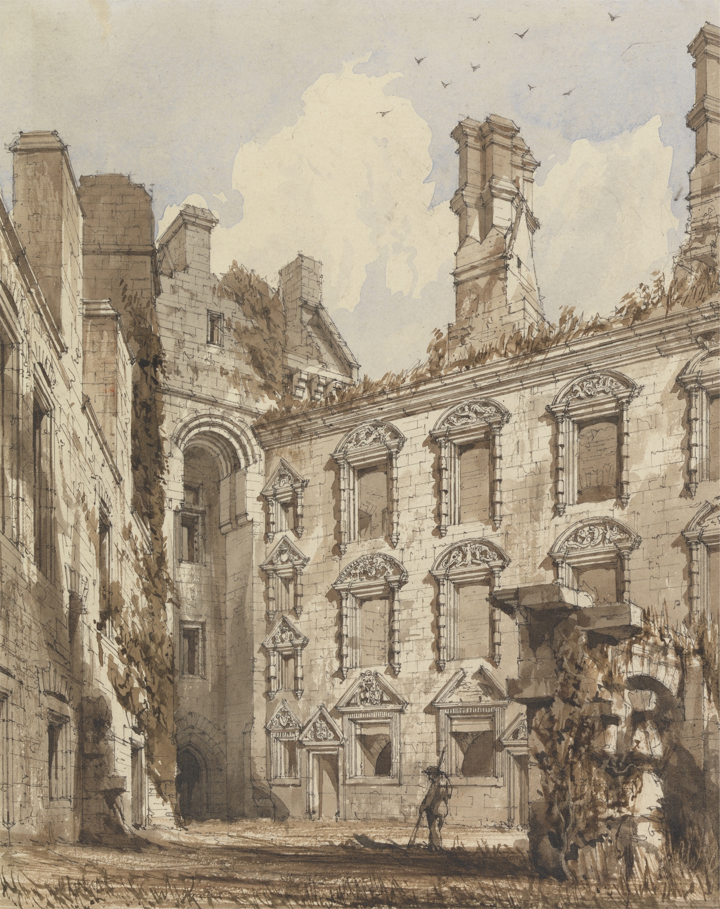 Court Yard of Caerlaverock Castle, watercolor on paper by Robert William Billings