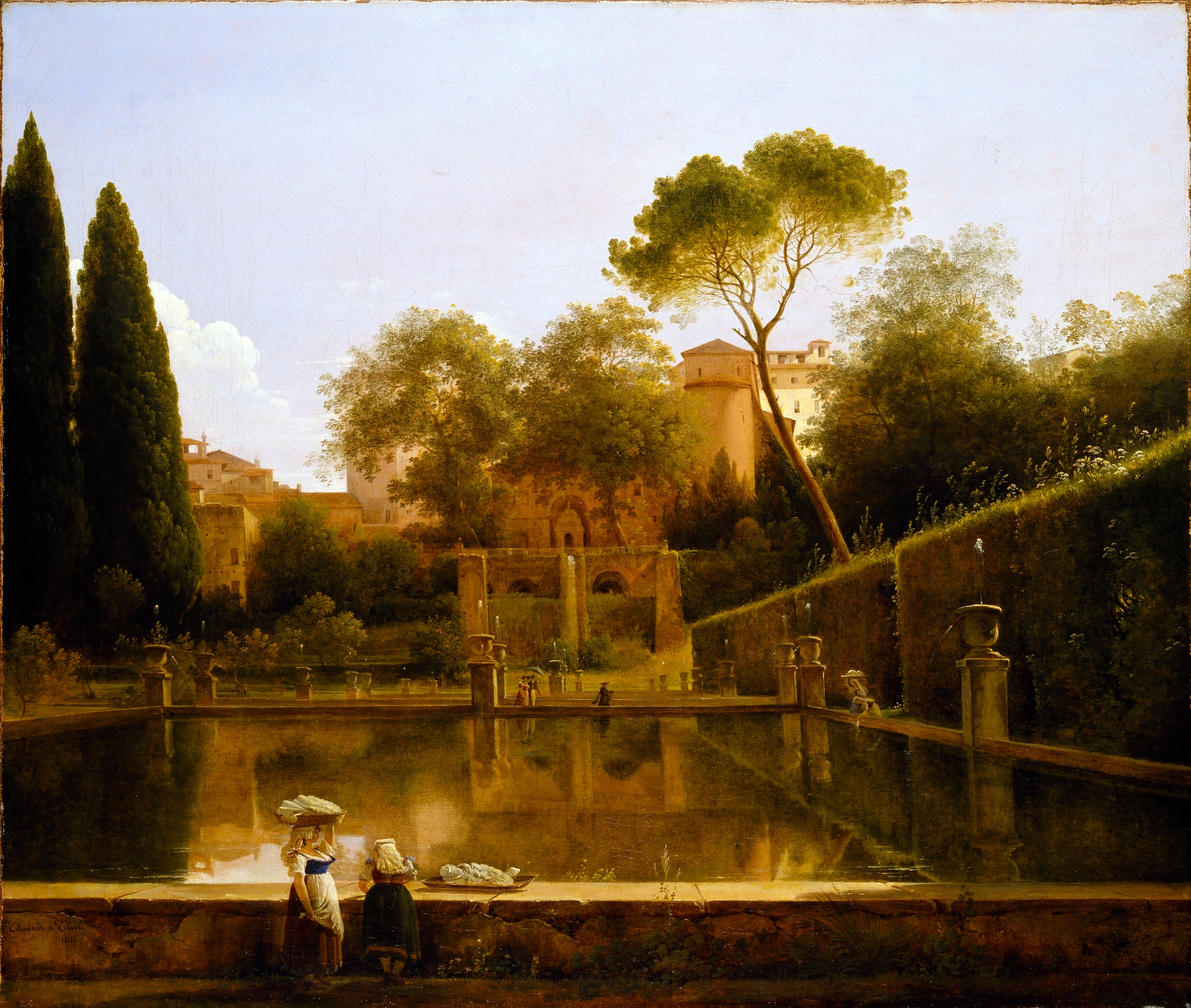 View of gardens with trees and a fountain, oil on canvas by Pierre-Athanase Chauvin