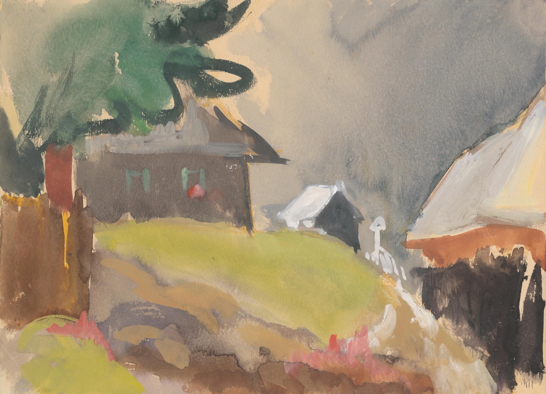 Landscape with rustic cottages under a muted sky, oil painting by Ján Novák
