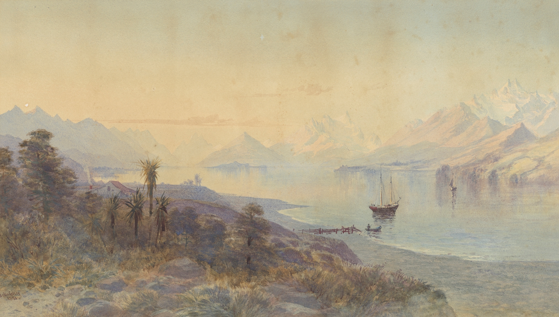 Lake Wakatipu landscape by John Gully, oil painting depicting tranquil waters and mountains.
