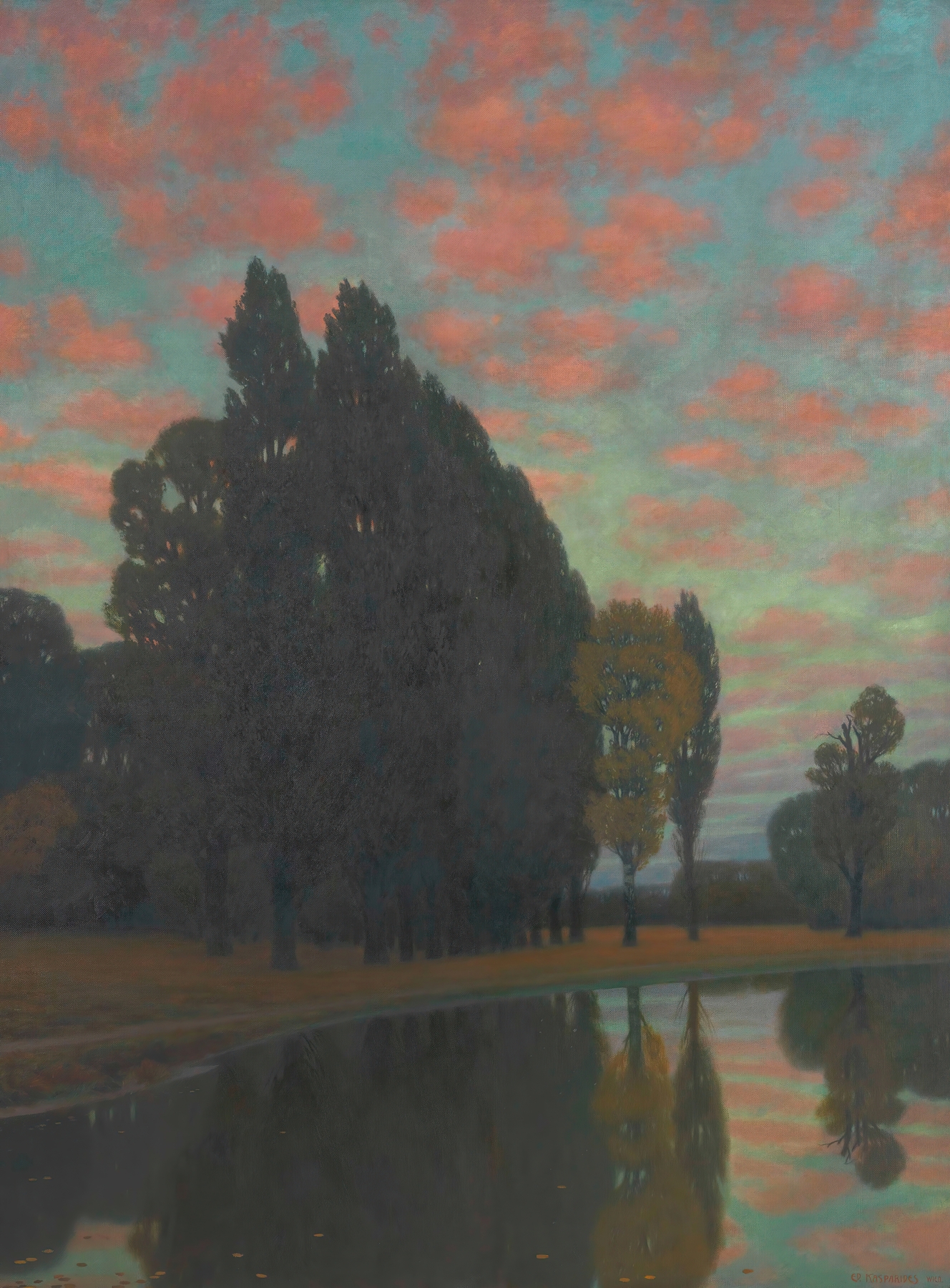 Glühwolken (Pratermotiv) by Eduard Kasparides, oil painting depicting vibrant clouds in sunset colors.