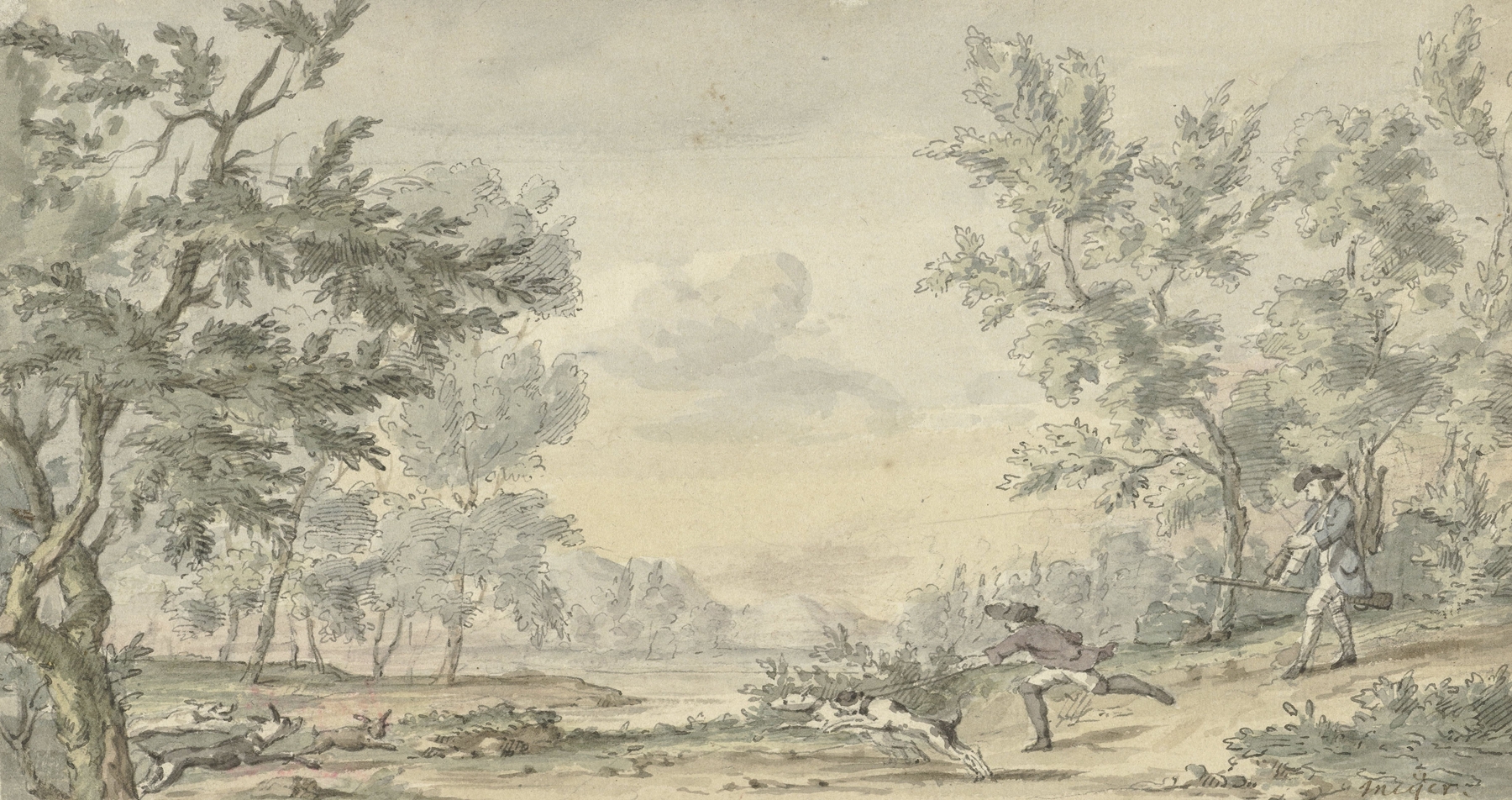Hazenjacht by Hendrik Meijer, oil on canvas depicting hunters in a forest
