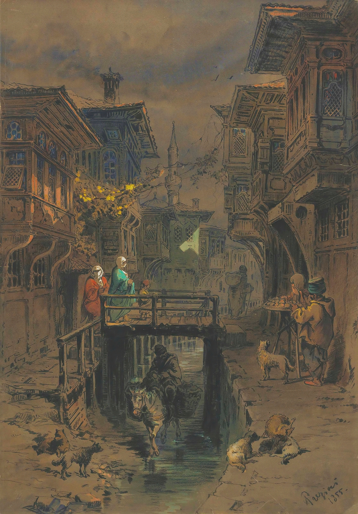 A Street in Old Istanbul, watercolor on paper by Amadeo Preziosi, featuring cobblestone alleys and soft light.