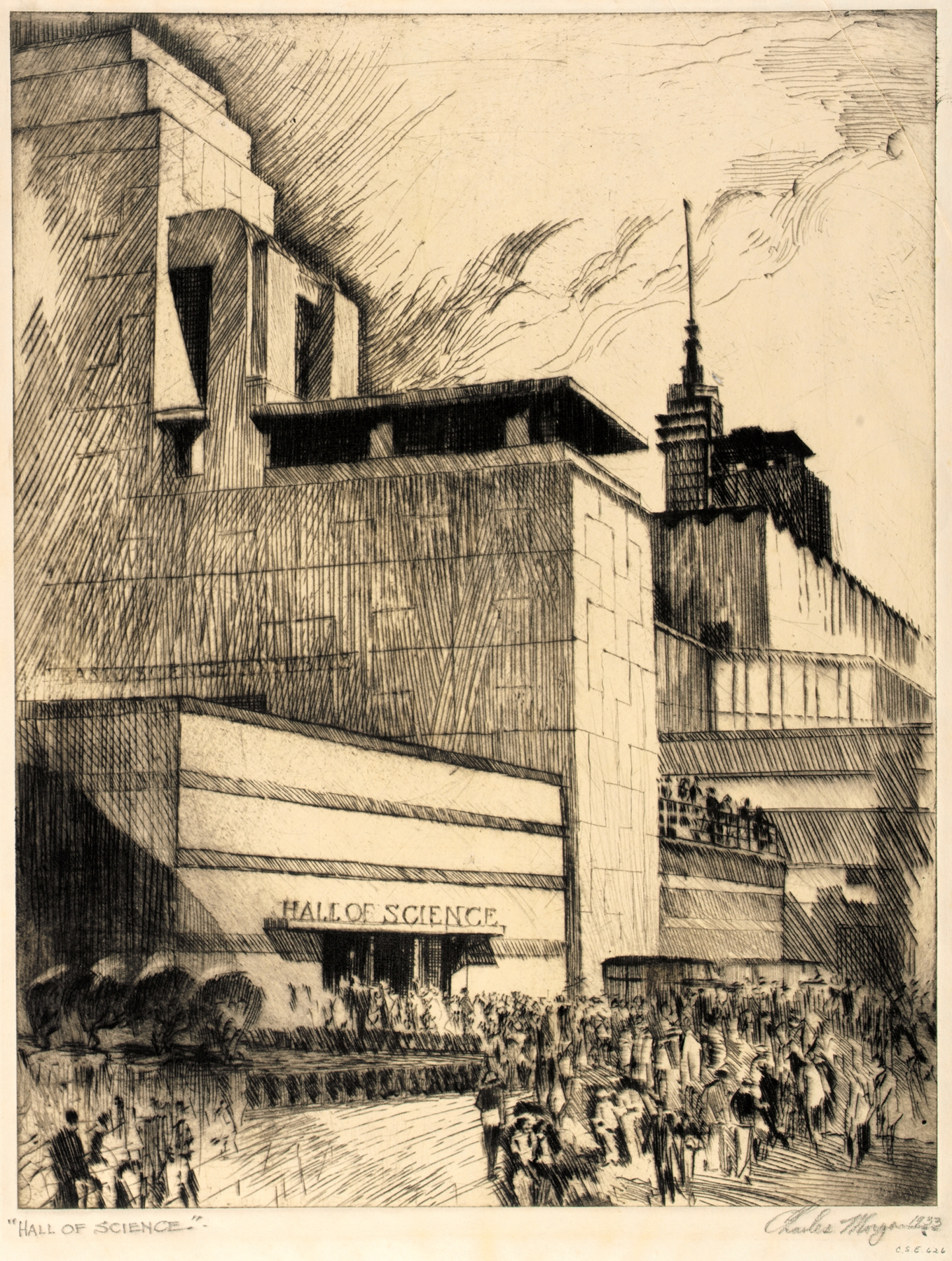 Hall of Science by Charles L. Morgan, oil on canvas depicting a large building and crowd