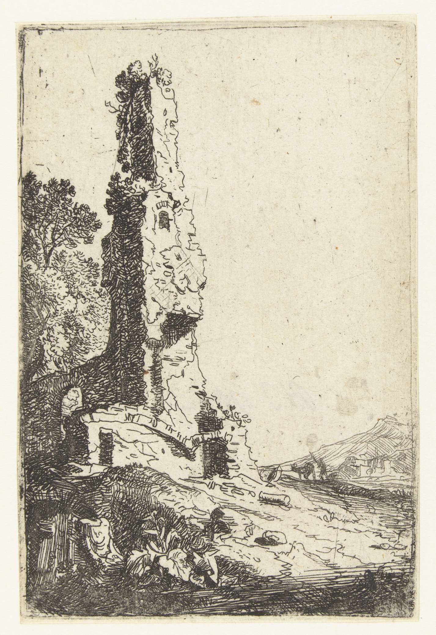 Ruïnes van de stadsmuren van Rome, etching by Bartholomeus Breenbergh, depicting crumbling city walls.