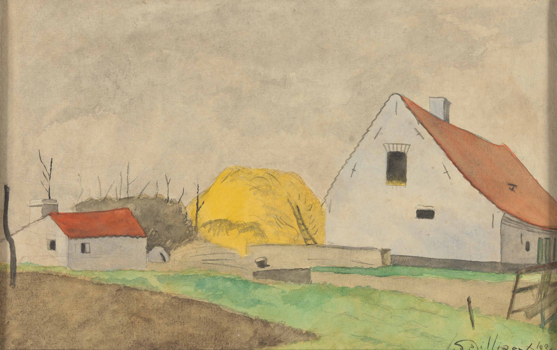 Oil on canvas by Léon Spilliaert depicting a farmhouse at twilight in a serene landscape.