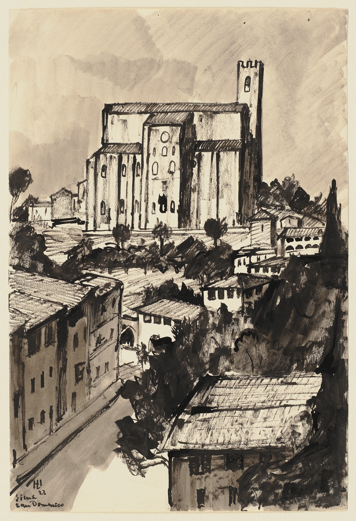 San Domenico, Siena by Hermann Lismann, oil painting depicting church facade with light and shadow.