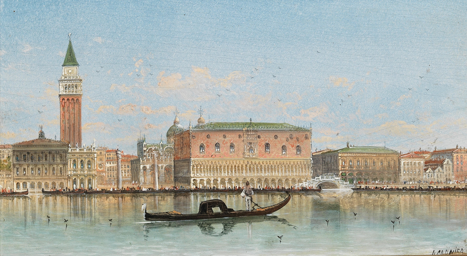Oil on canvas by Karl Kaufmann depicting St. Mark's Column in Venice with sunlight.