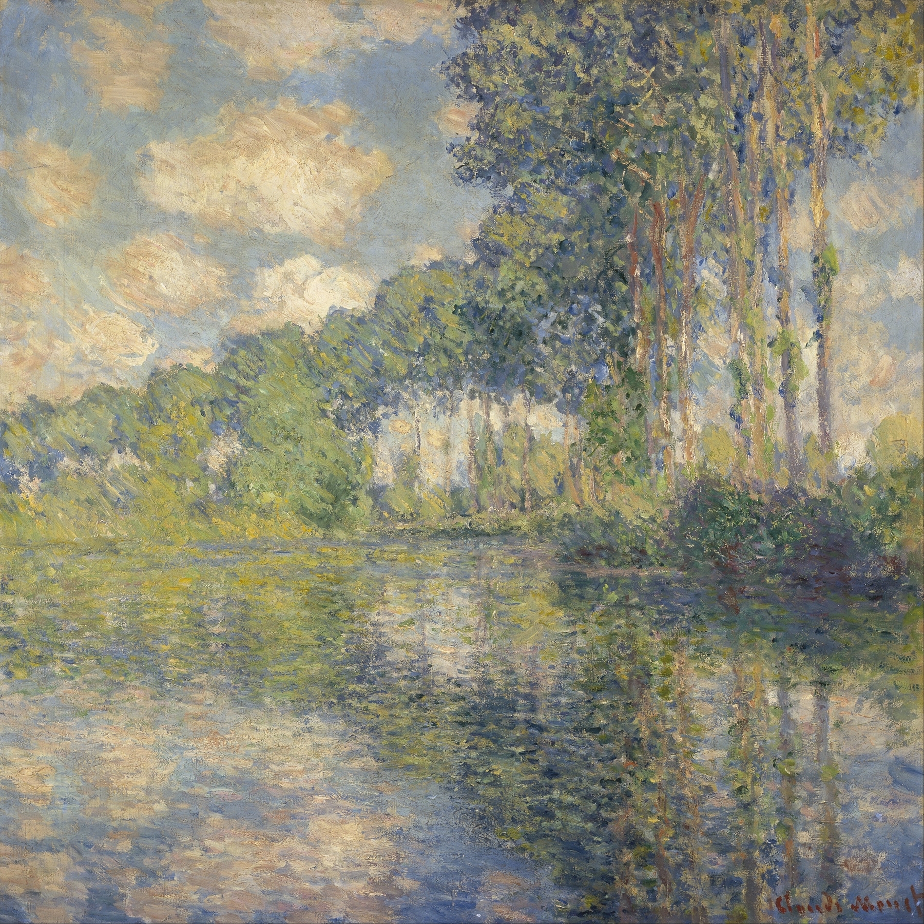 Poplars on the Epte by Claude Monet, oil painting depicting poplar trees and river reflections