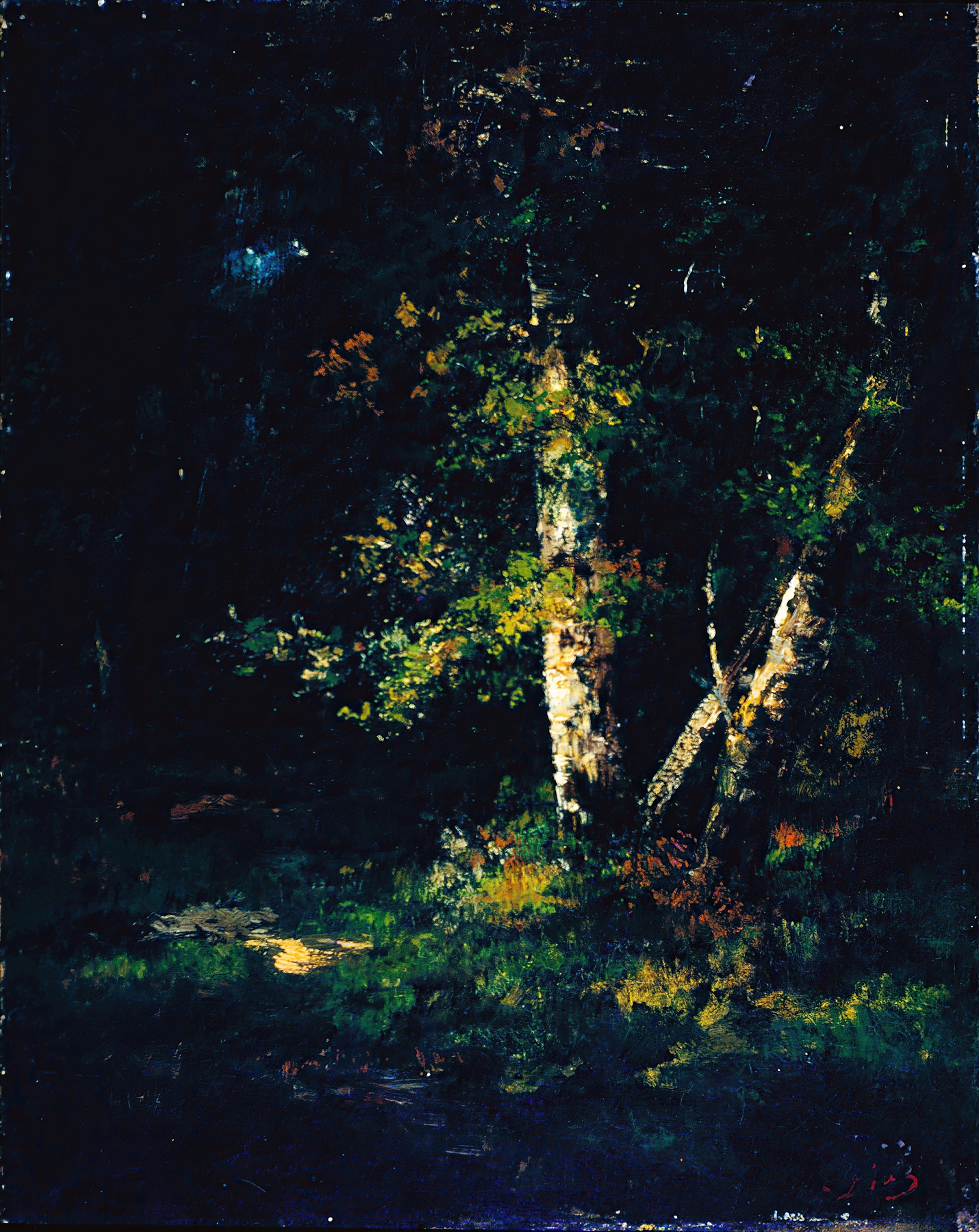 Forest scene oil painting by Narcisse-Virgile Diaz de La Peña, depicting dappled light through trees.