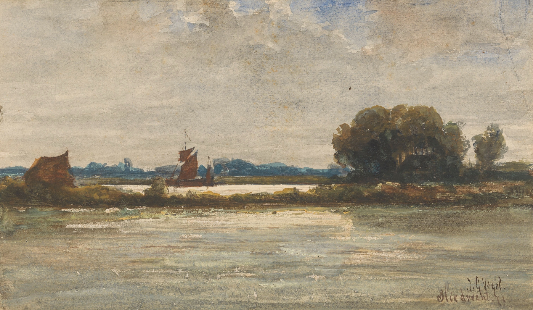 Riviergezicht bij Sliedrecht met zeilschip by Johannes Gijsbert Vogel, oil painting