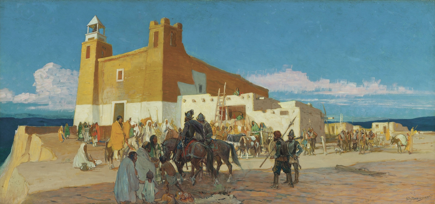 Historical scene of Native Americans and Spanish soldiers, oil painting by Oscar Edmund Berninghaus