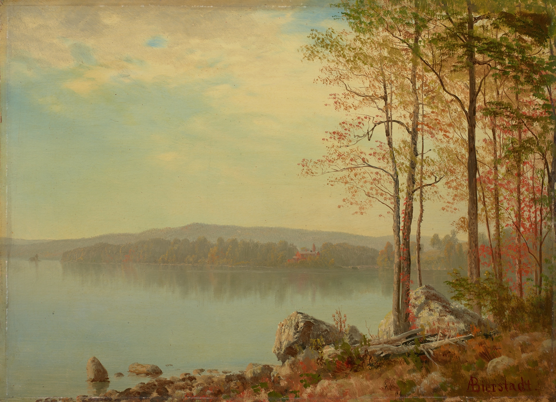 Landscape by Albert Bierstadt, oil painting featuring mountains, wildflowers, and a serene forest