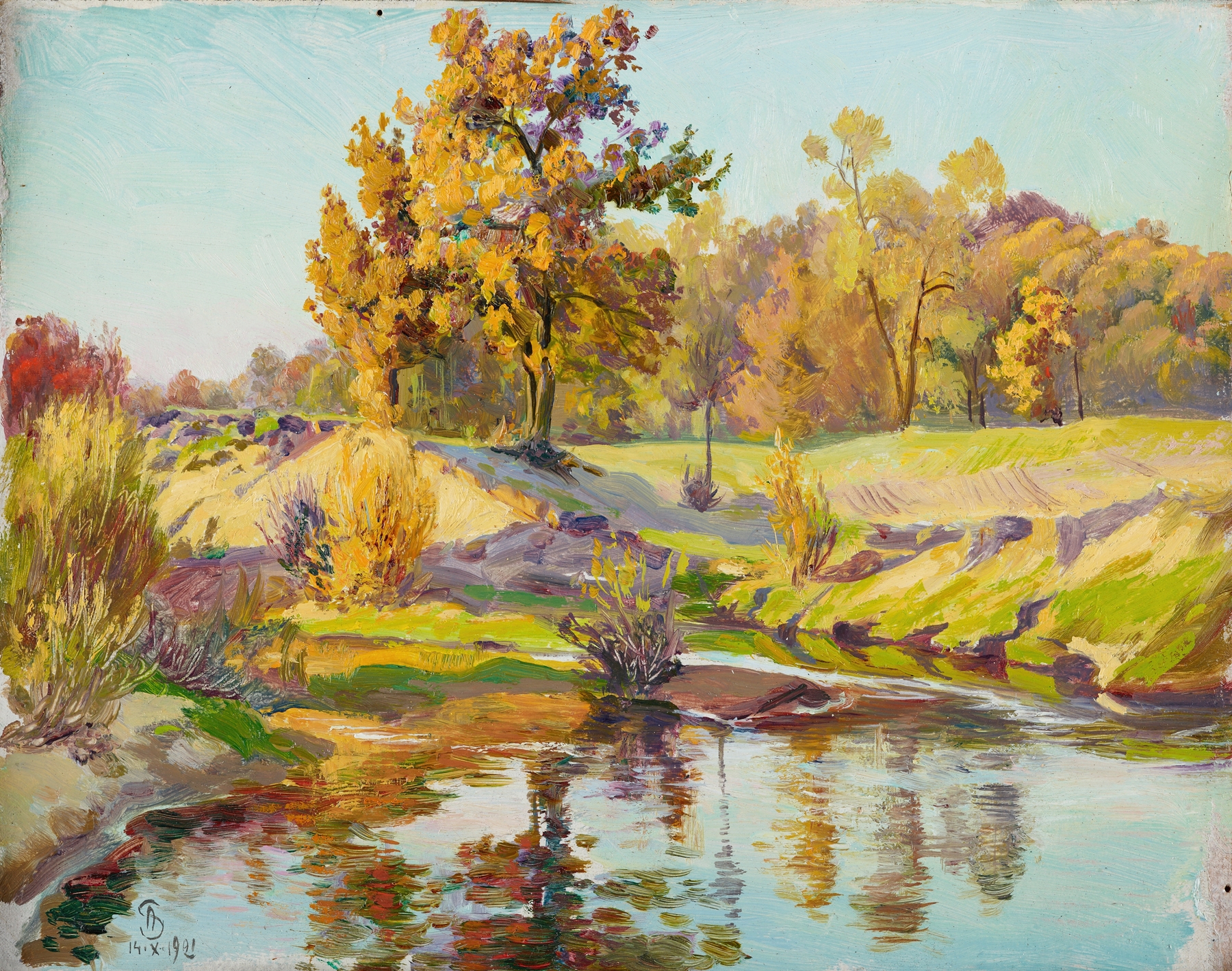 Sunny Autumn by Ambroży Sabatowski, impressionism, depicting vibrant autumn trees and golden light