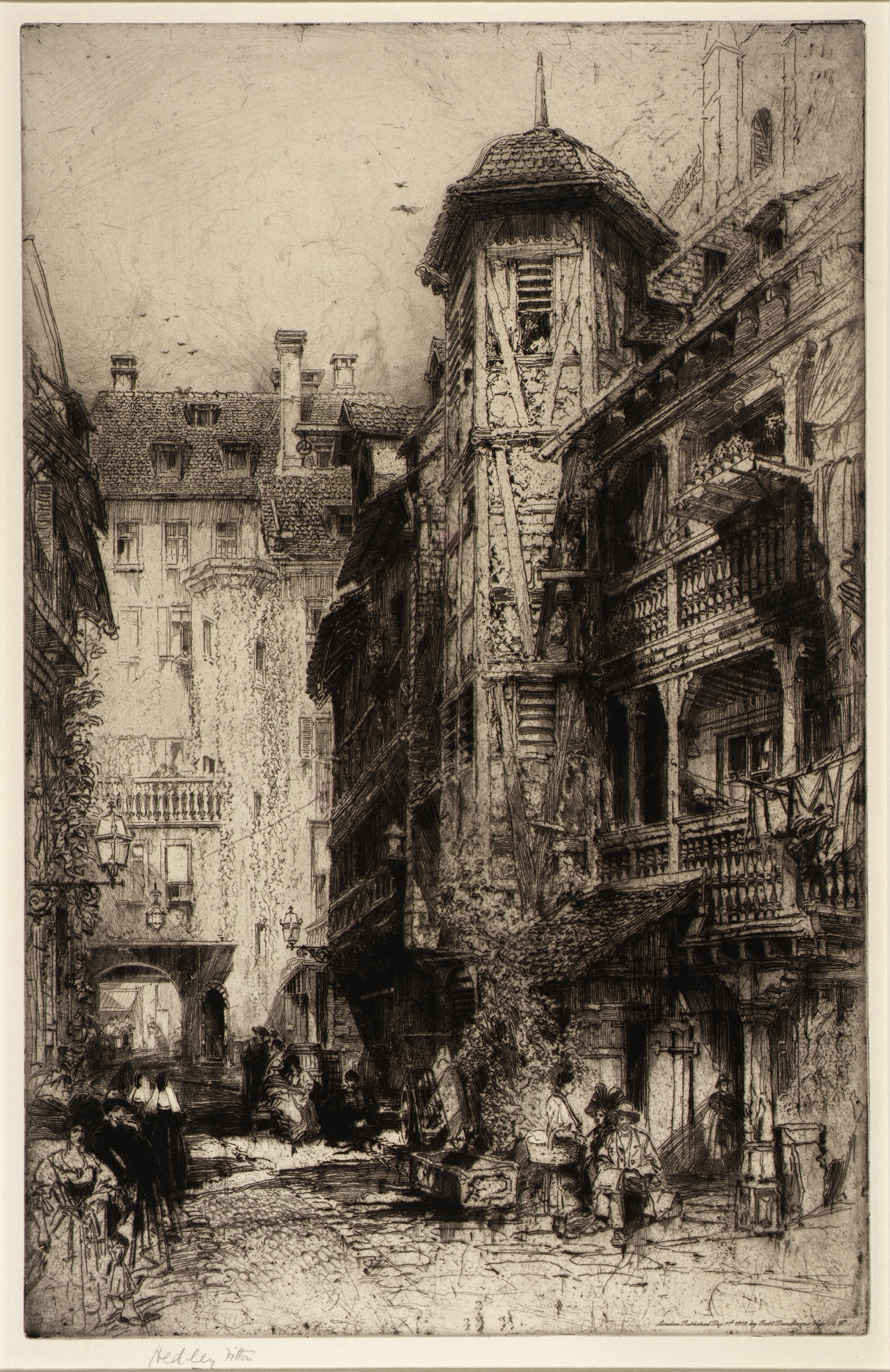 Cour de Corbeau, Strassburg by Hedley Fitton, oil on canvas depicting a courtyard with branches and soft pastels.