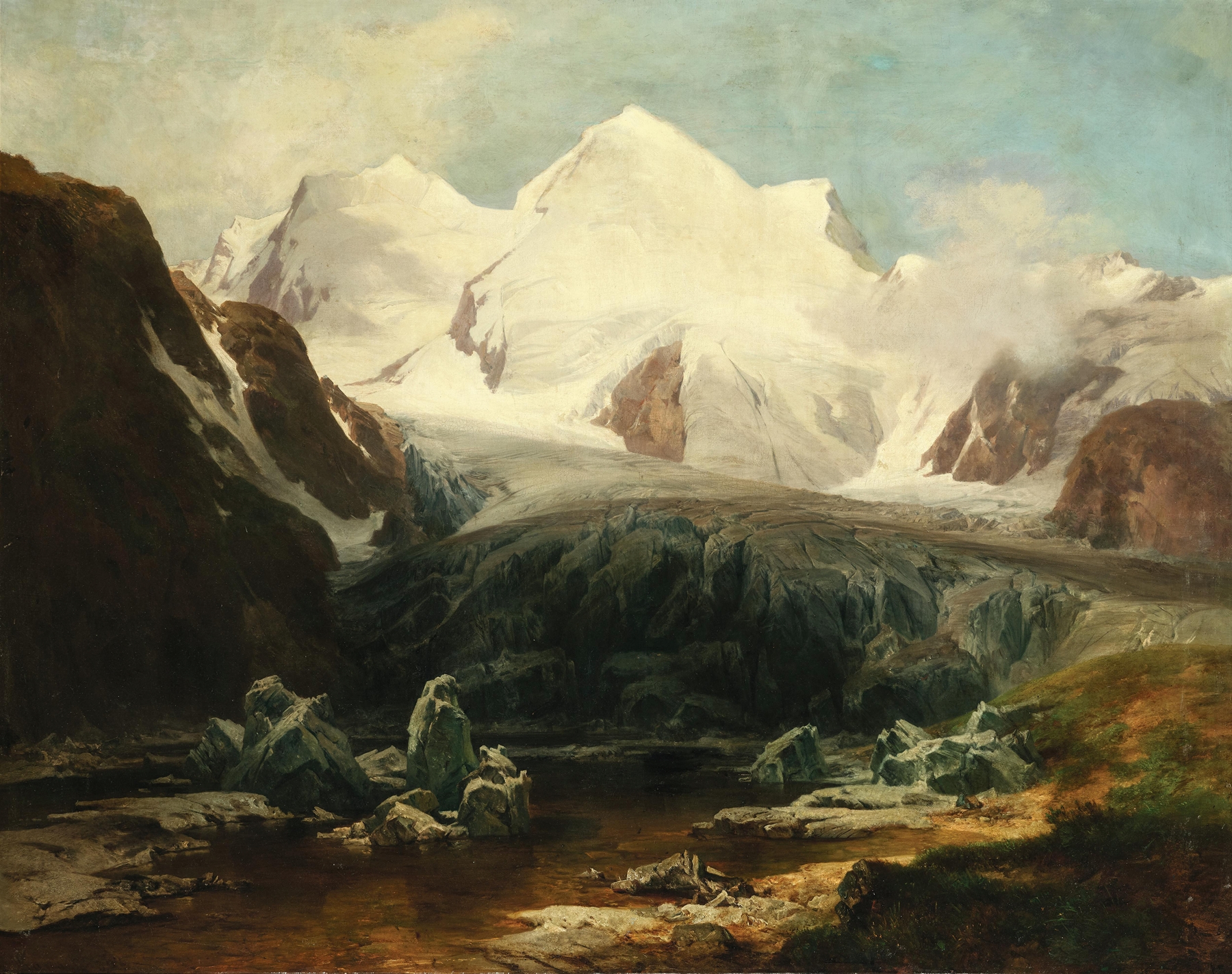 Landscape of Gurgler Eissee lake in the Ötztal Alps by Anton Hansch, oil on canvas.