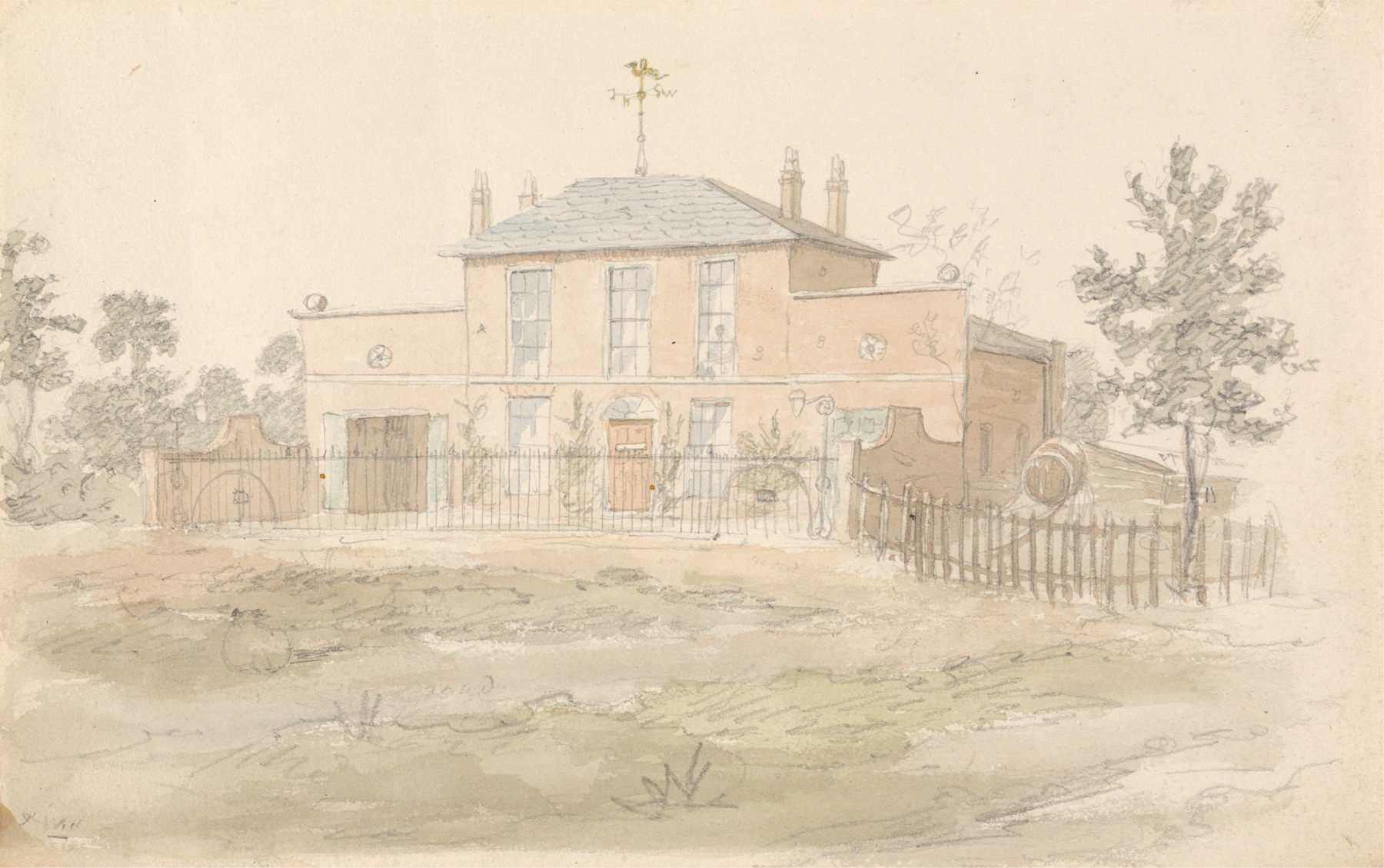 Watercolour by John Preston Neale depicting a house with a weathercock against a muted sky.