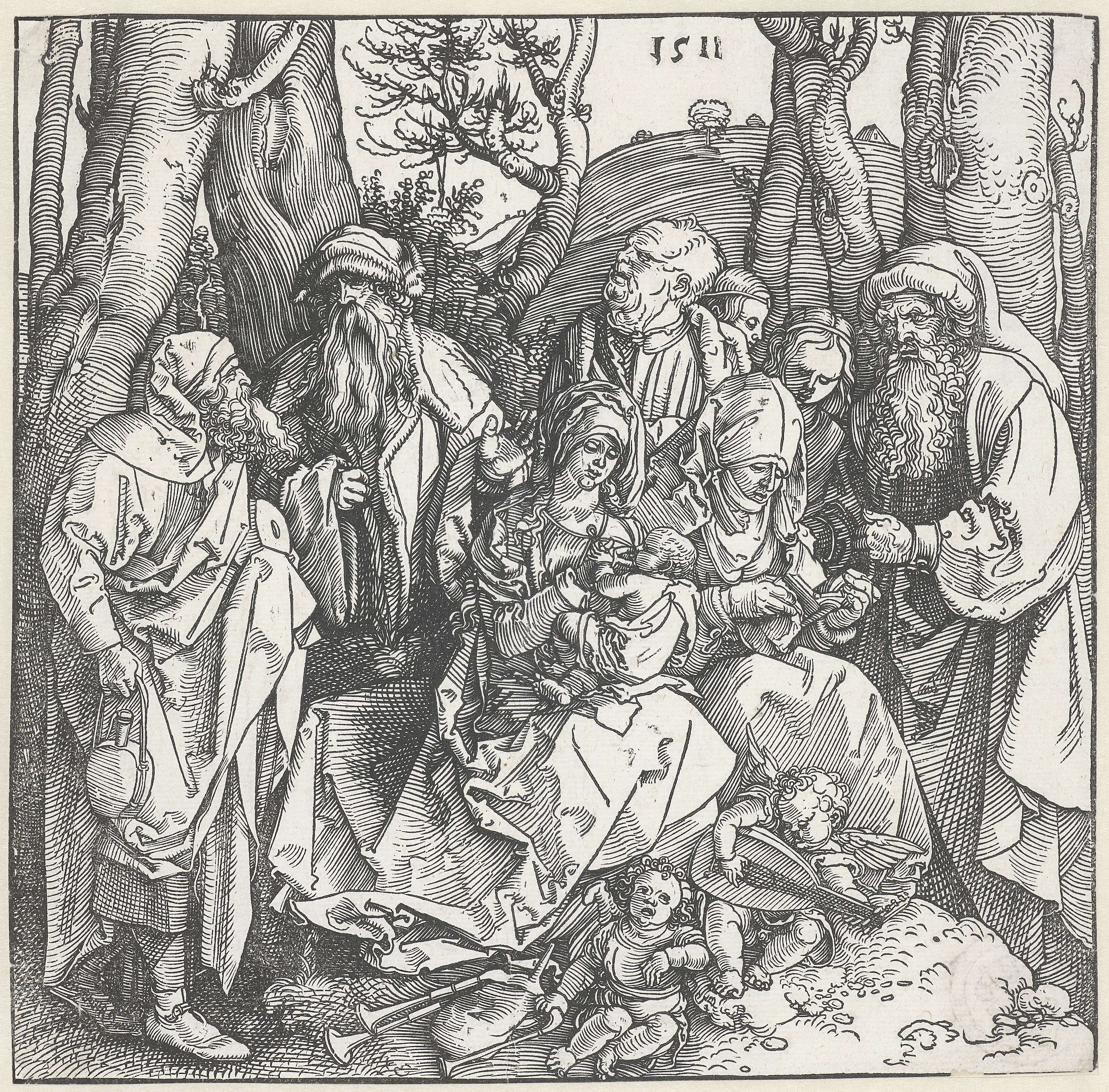 Religious scene of the Holy Family with Anna and her husbands, etching by Albrecht Dürer