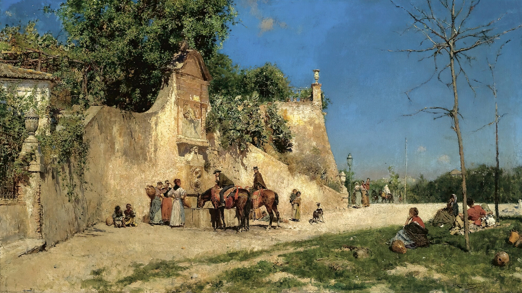 Genre scene with figures by a fountain, oil painting by José Moreno Carbonero