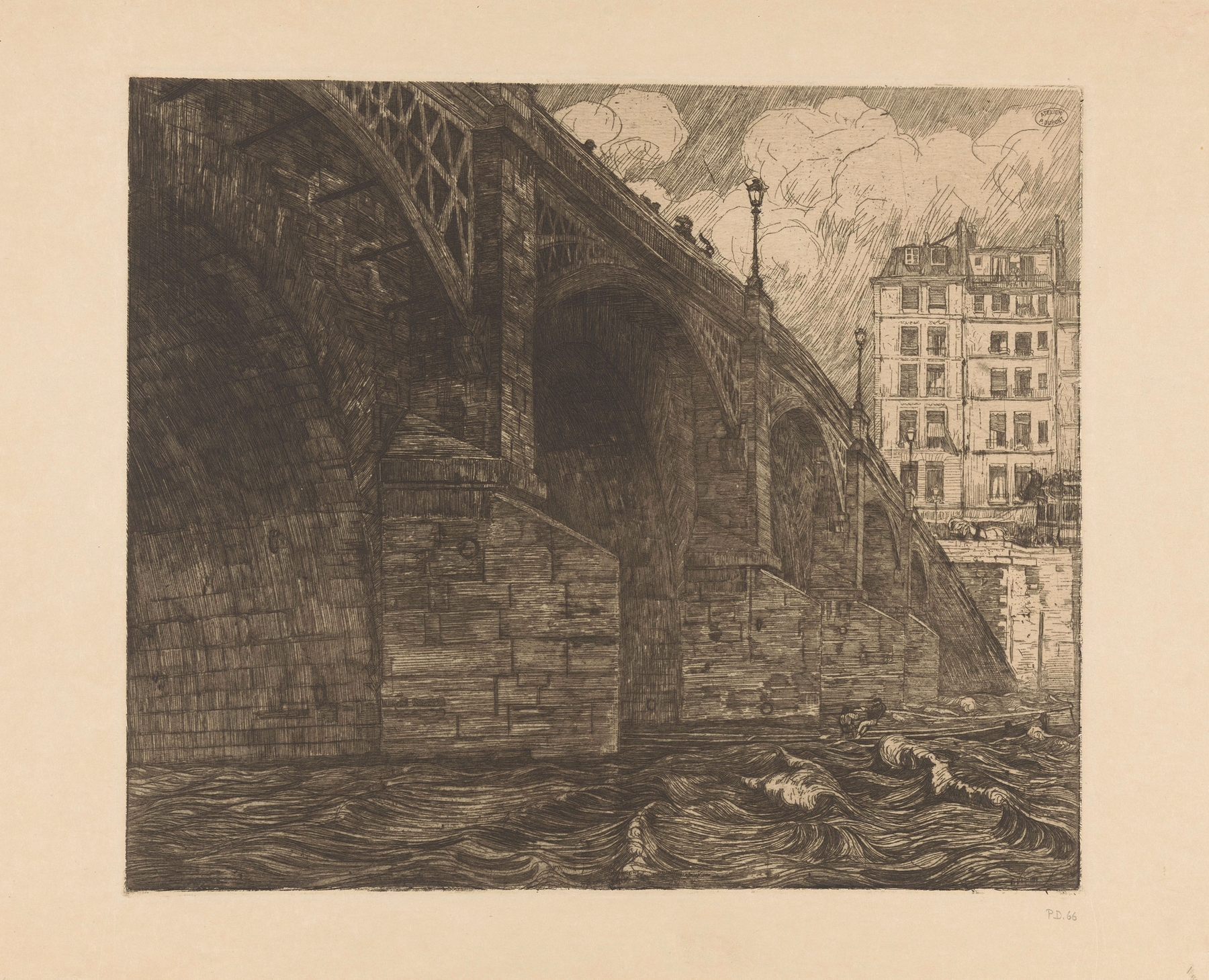 Pont de la Tournelle in Paris, oil painting by Pieter Dupont, depicting a bridge reflected in tranquil waters.