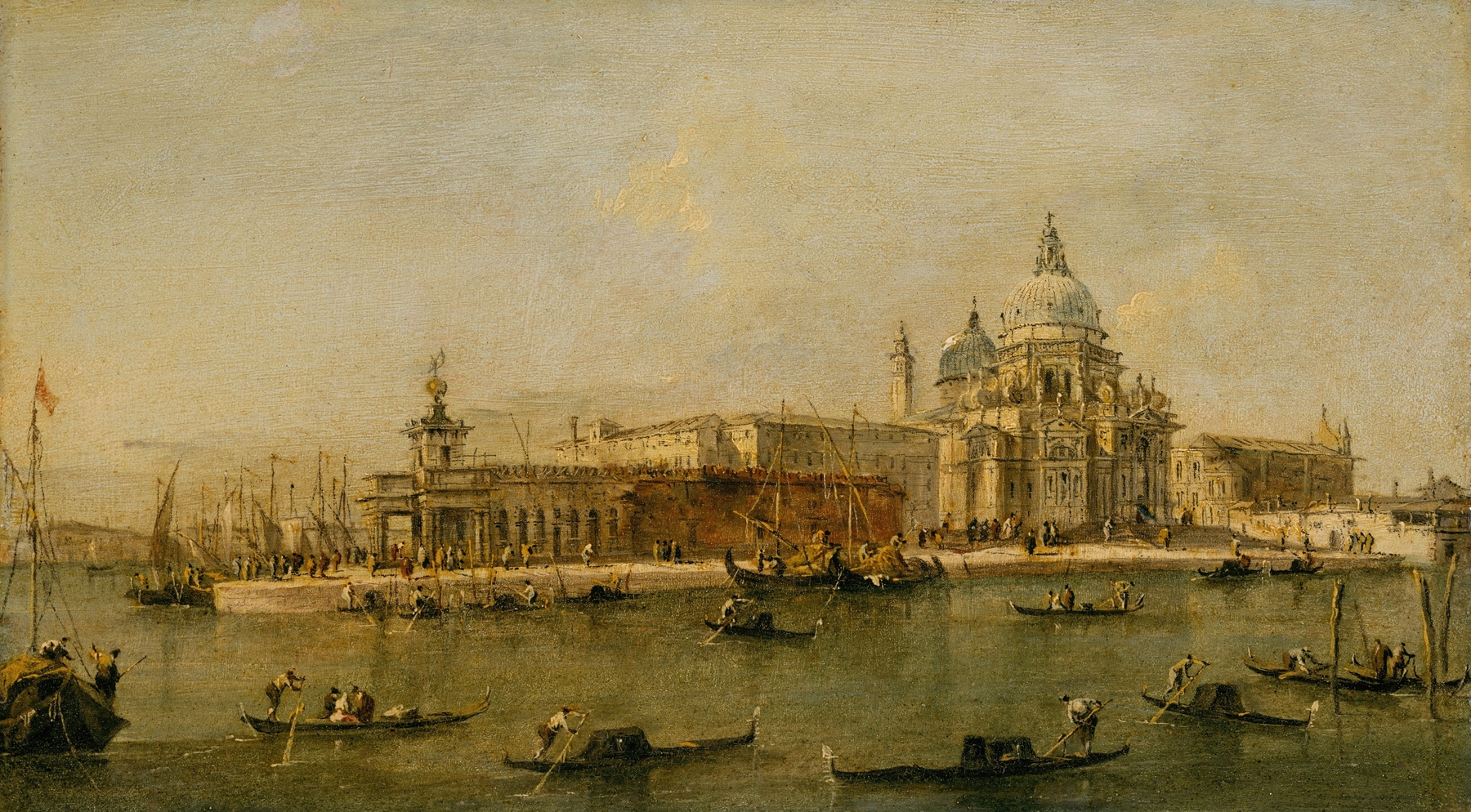 Rococo oil painting by Workshop of Francesco Guardi depicting Venice with boats at dawn.