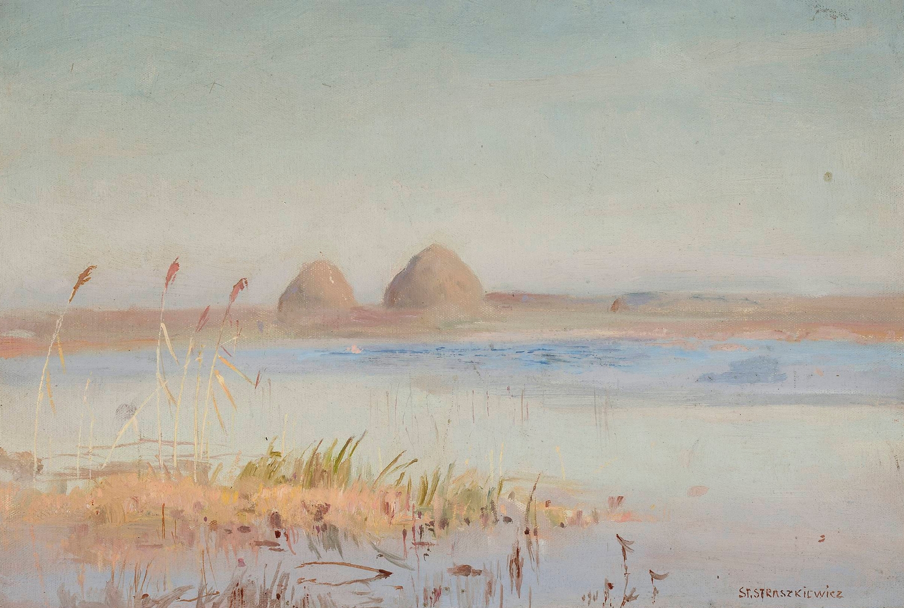 Landscape study – Day in autumn, oil on canvas by Stanisław Straszkiewicz, featuring autumn trees and soft light.