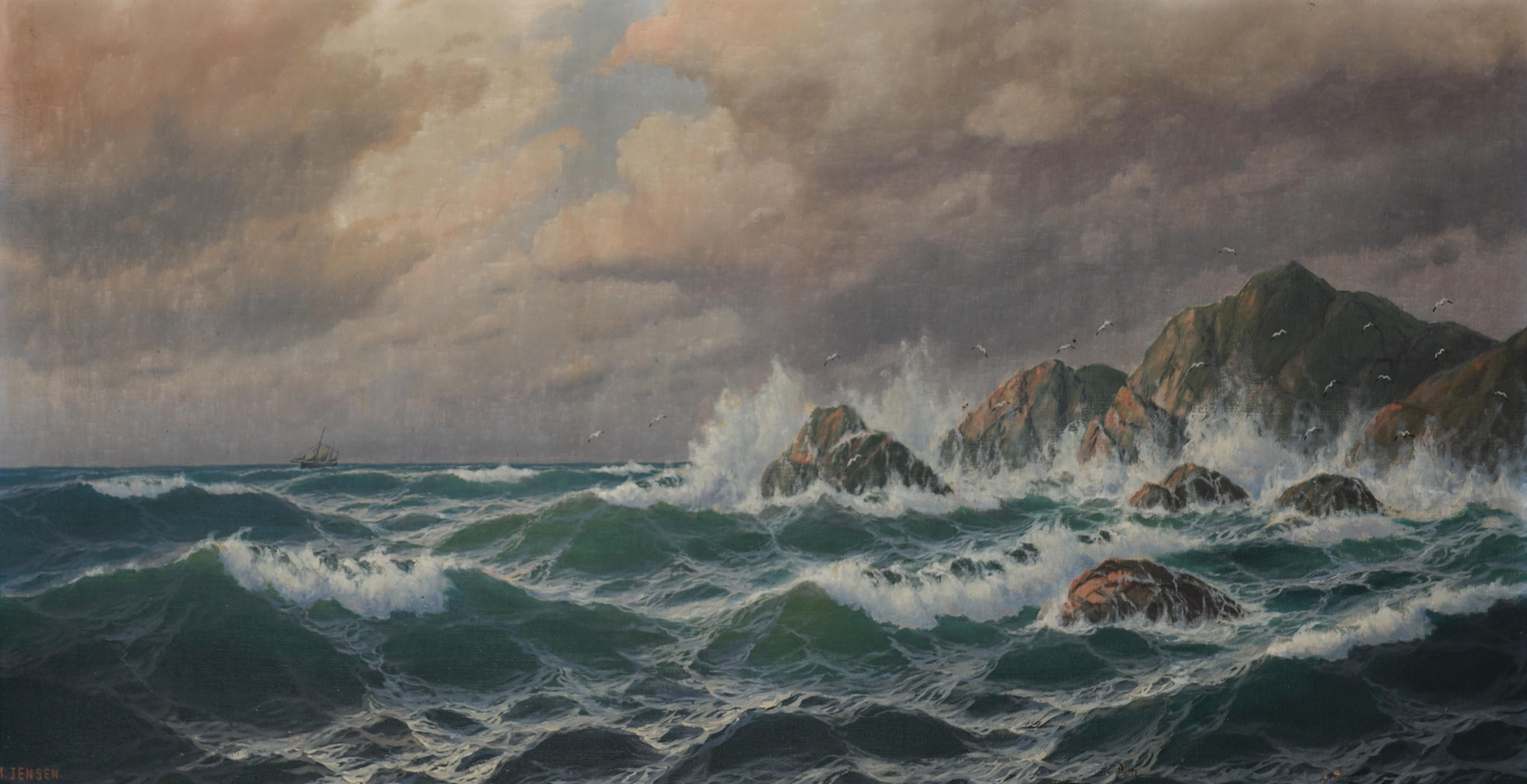 Marine scene with a two-masted ship battling stormy waves, oil painting by Max Jensen