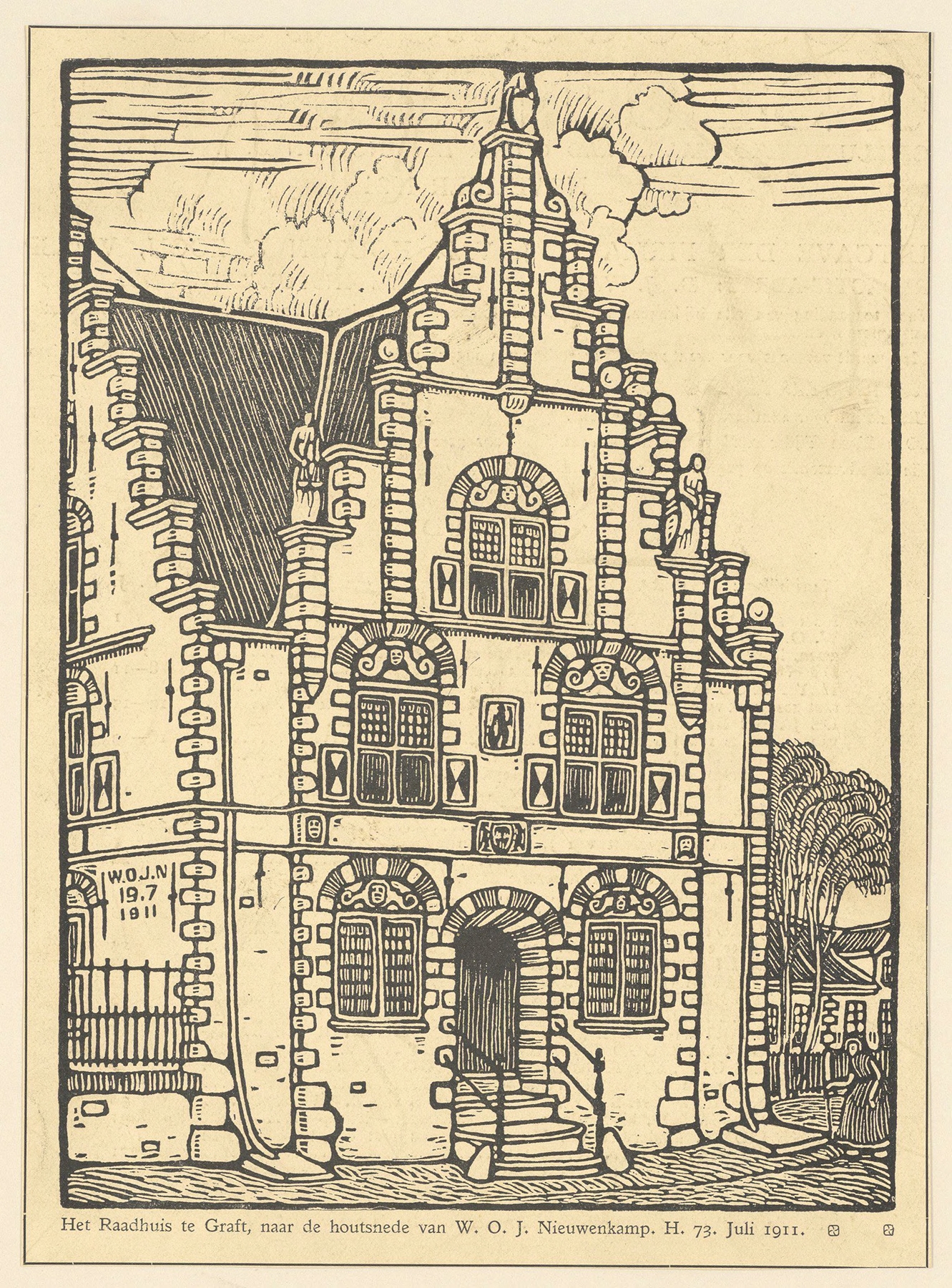 Het Raadhuis te Graft by Wijnand Otto Jan Nieuwenkamp, oil painting depicting a town hall and water.