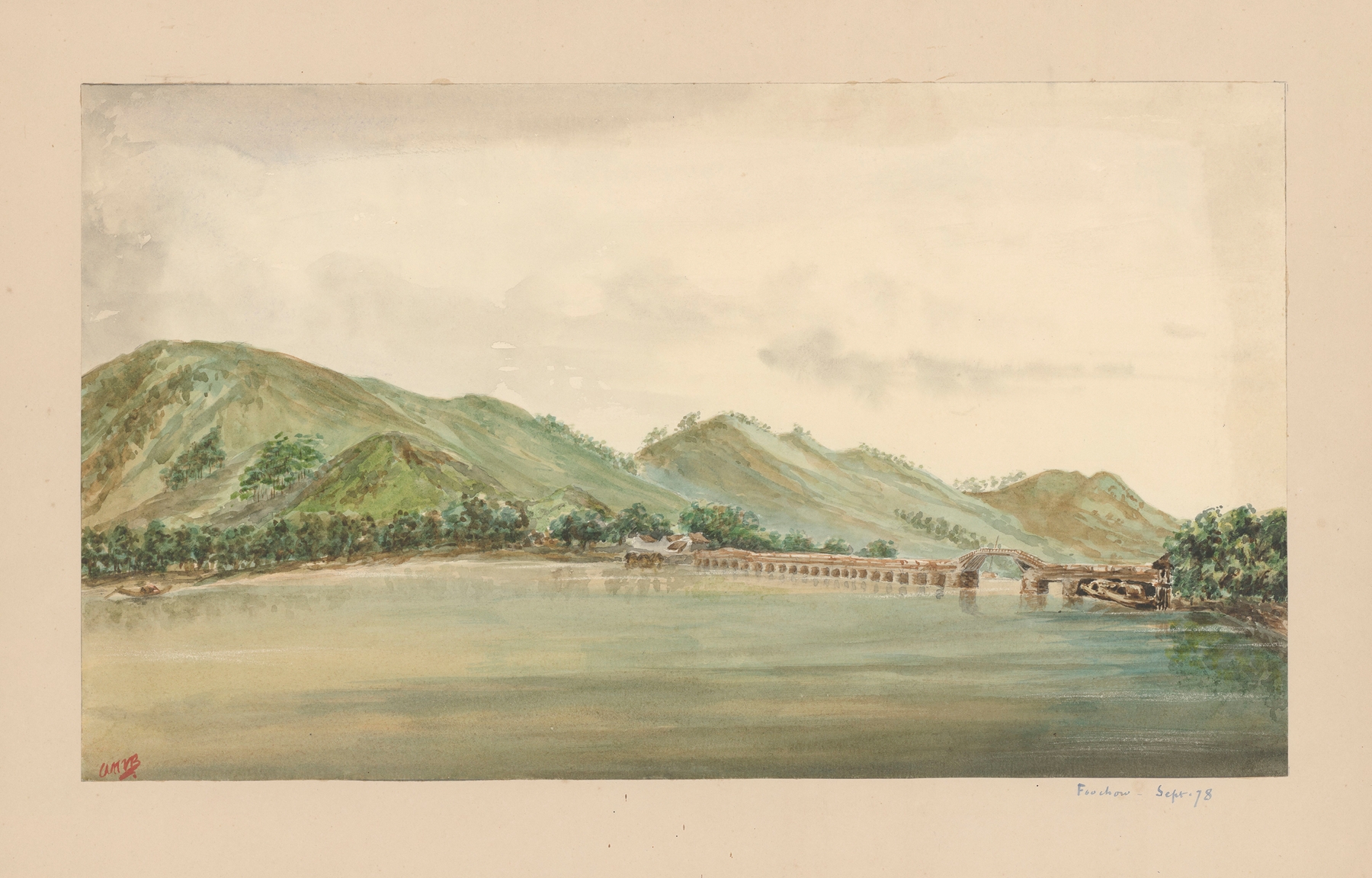 Watercolour by Auguste Mouillesaux de Bernières depicting a landscape at dawn.