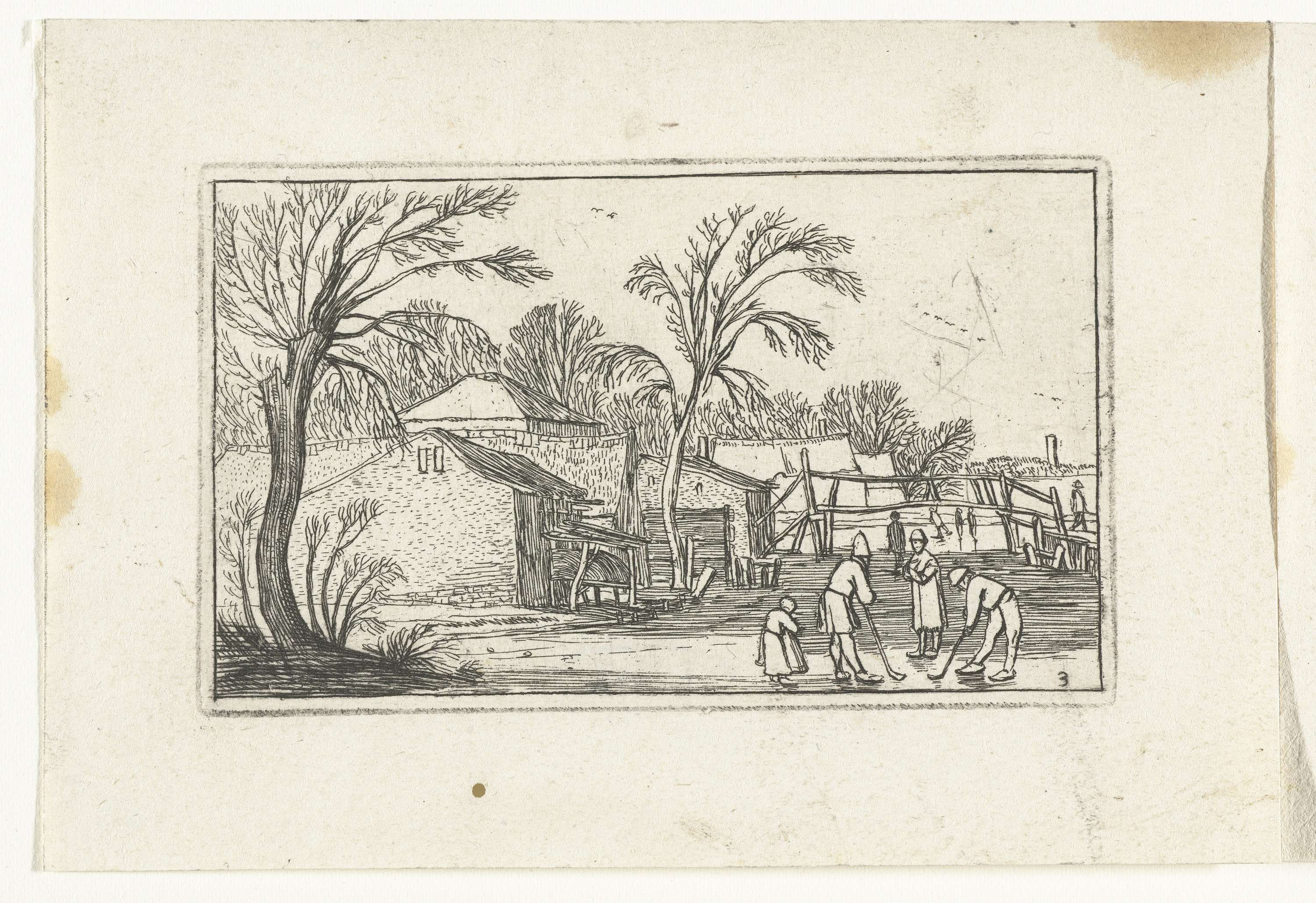 Schaatsers en kolfspelers op het ijs voor boerderijen, etching by Unknown Artist