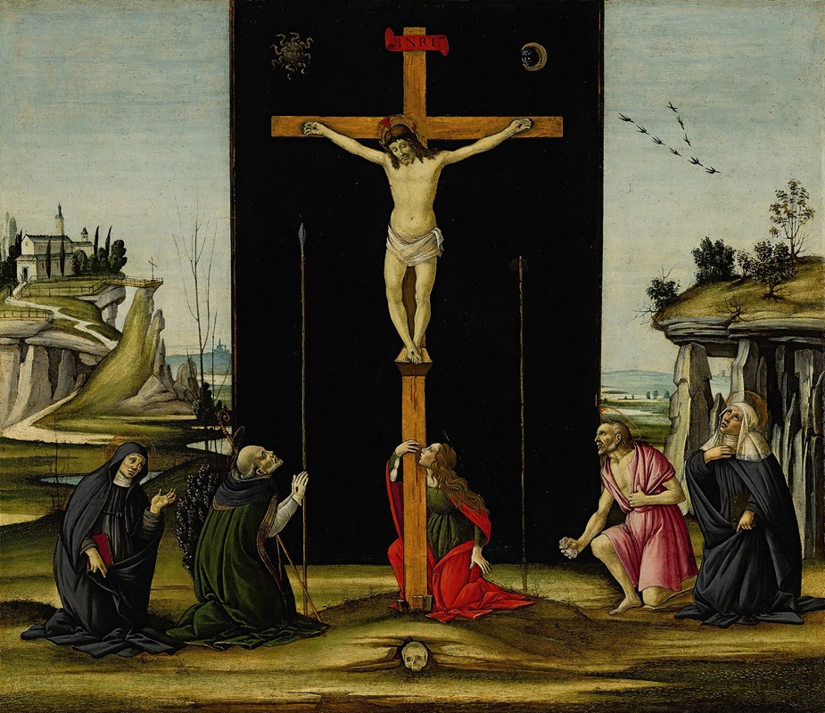 Botticelli's 'Christ on the Cross' features iconic saints in adoration.