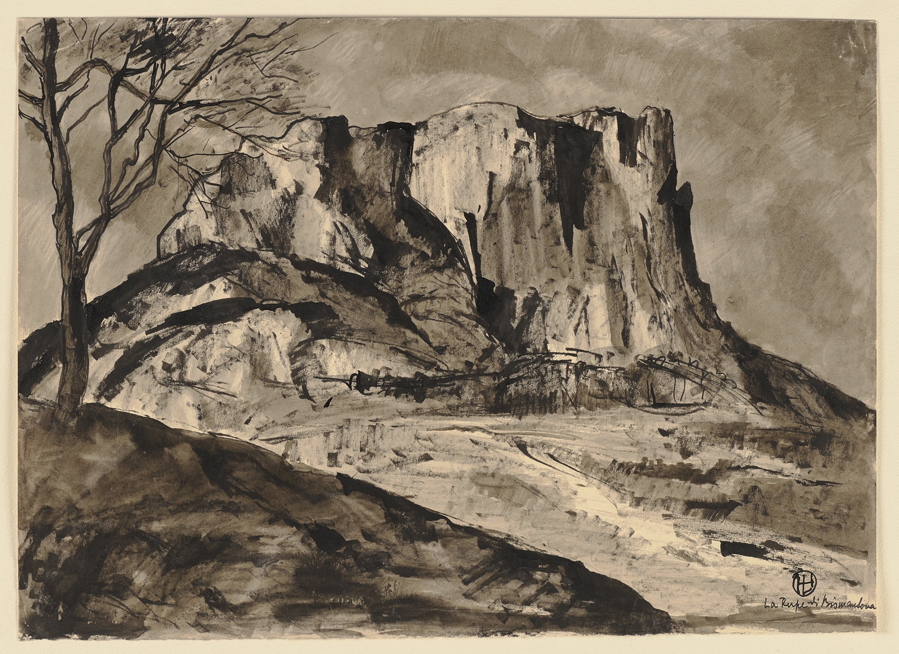 Landscape featuring a stone formation at sunset by Hermann Lismann