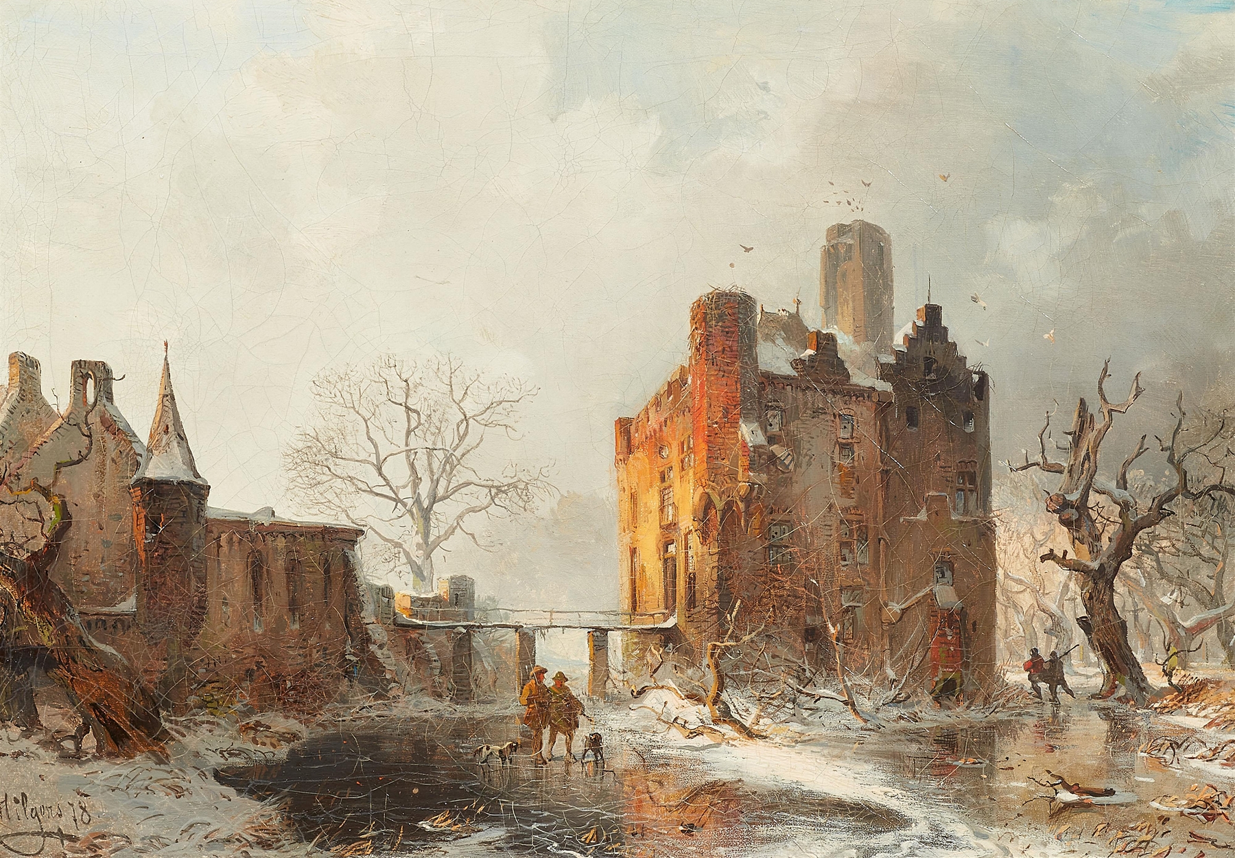 Burg Doornenburg im Winter by Carl Hilgers, oil painting of a castle in snow.