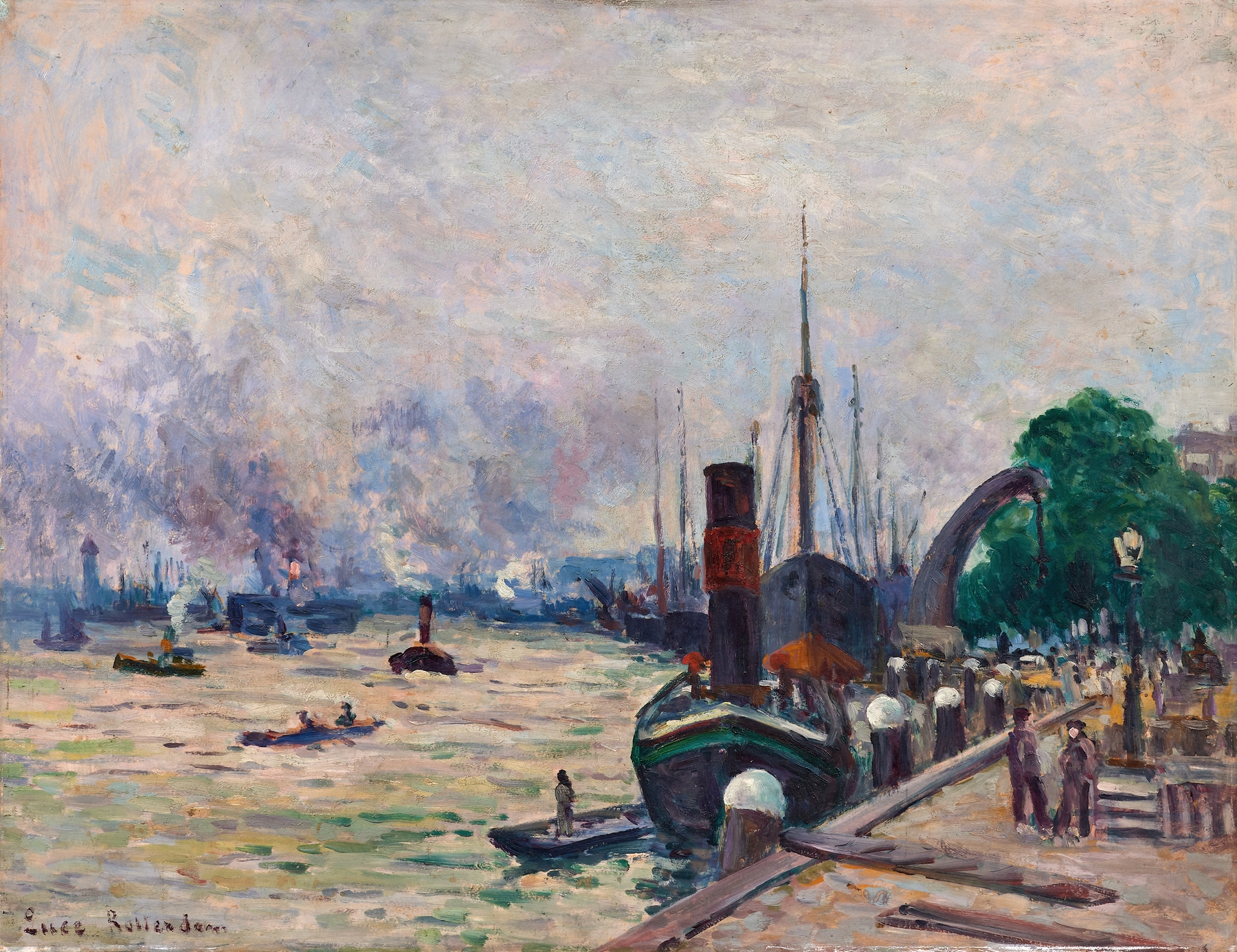 Le port de Rotterdam by Maximilien Luce, oil on canvas depicting boats at sunset.