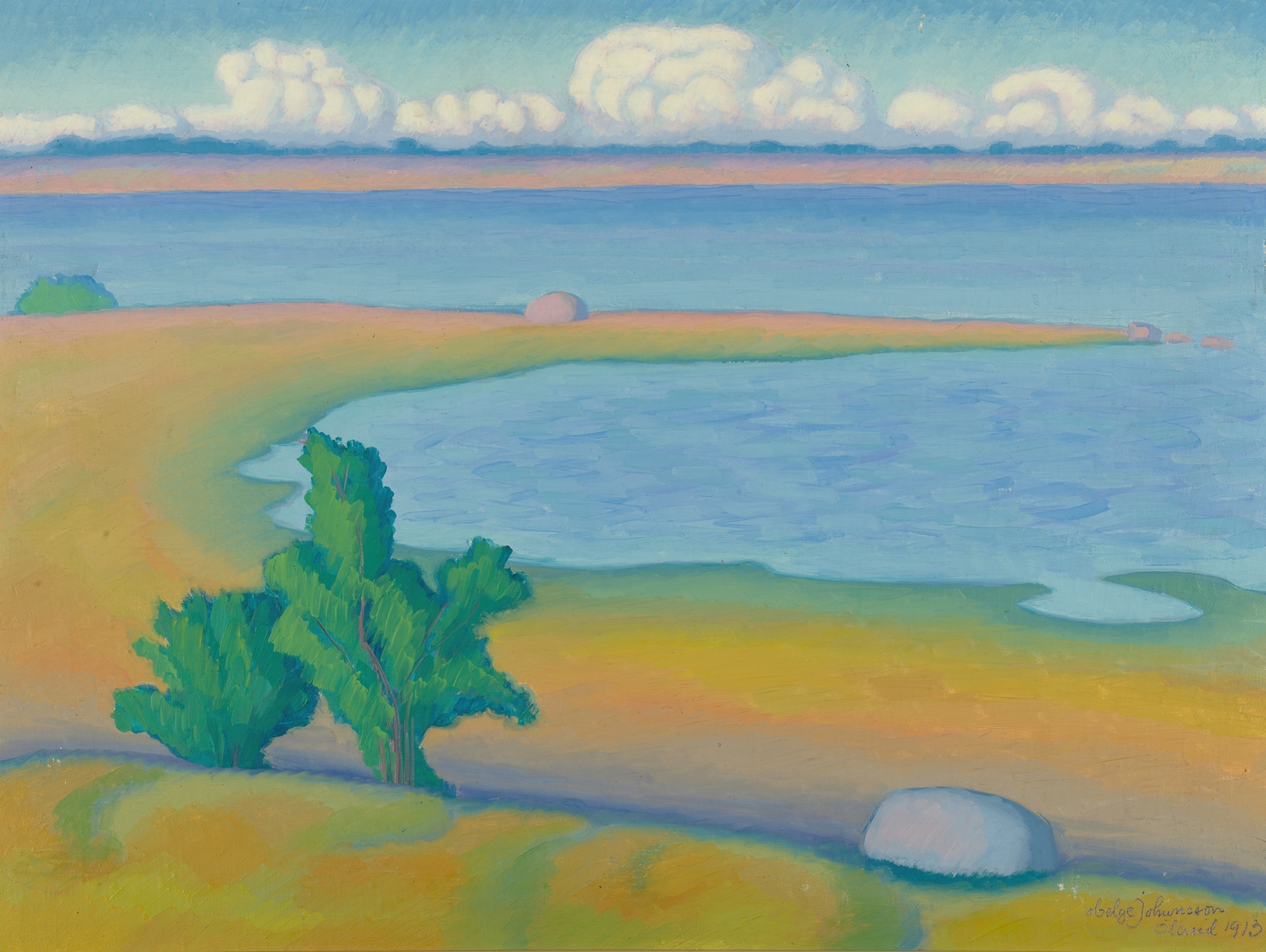 Marine scene depicting a rugged coastline and calm sea by Helge Johansson, oil painting