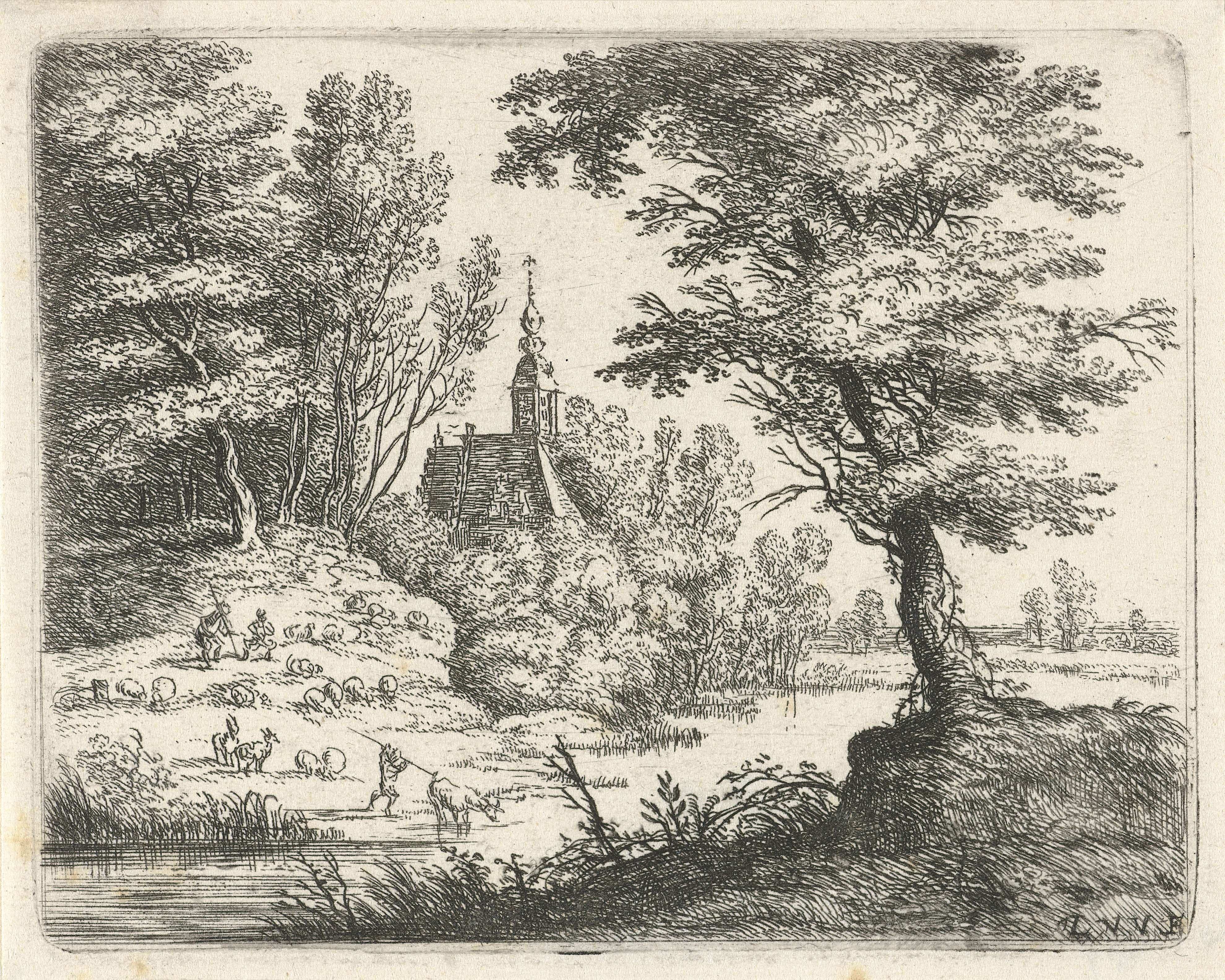 Landscape with herders and cattle by Lucas van Uden, etching
