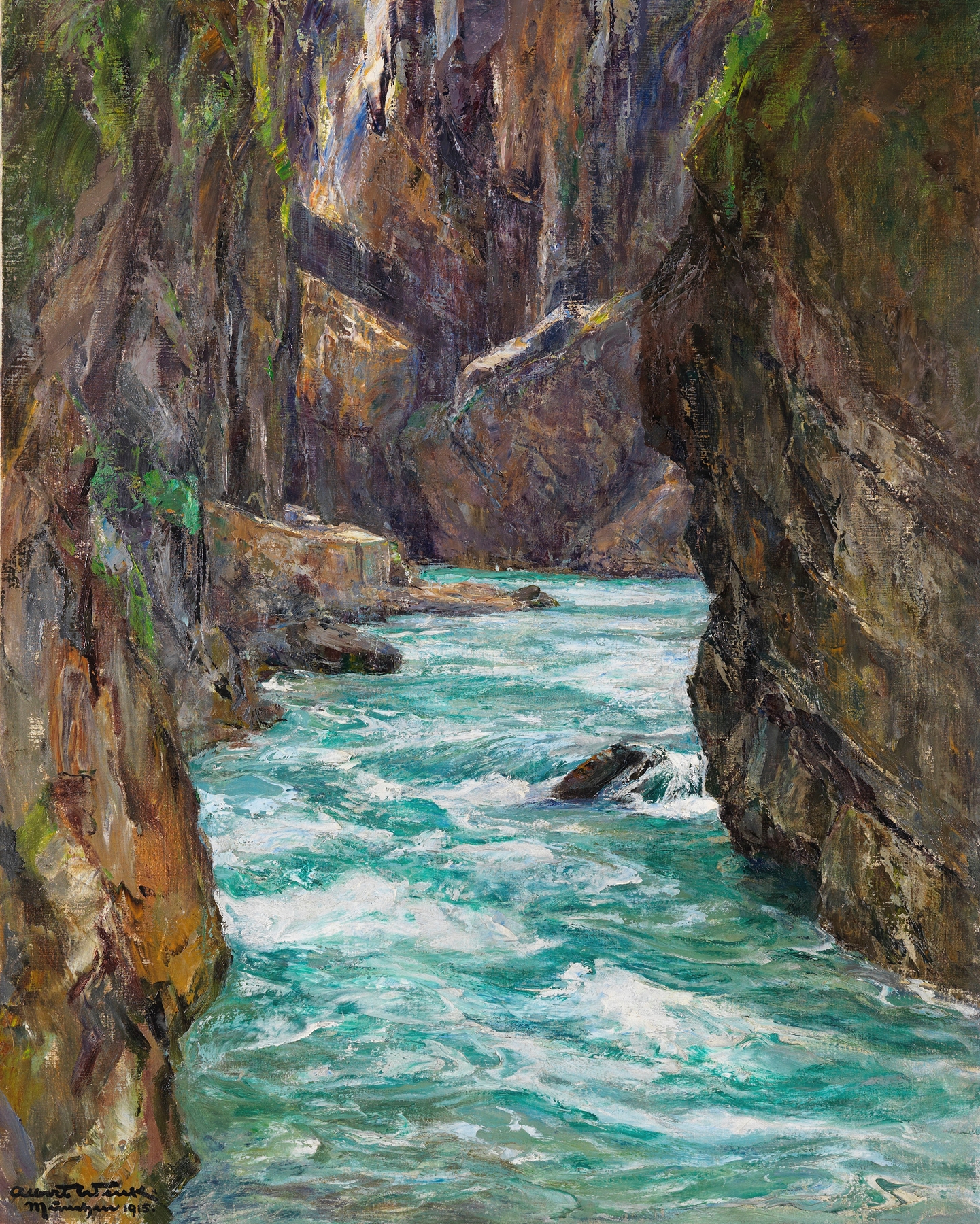 Landscape oil painting by Albert Wenk depicting a river and waterfall in a forest