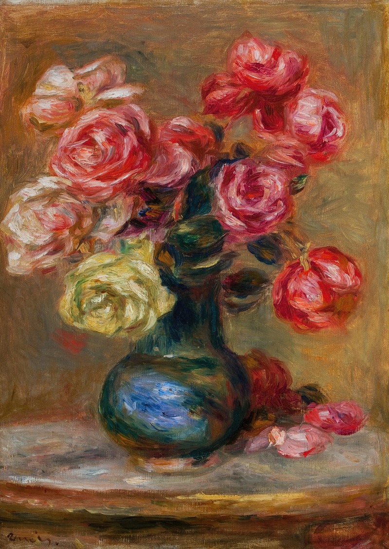 A vibrant still life painting featuring a bouquet of flowers.