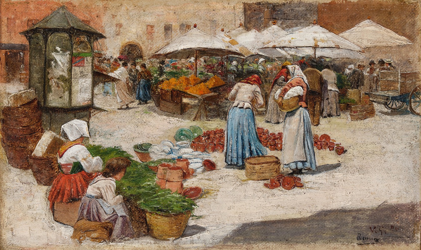 A bustling vegetable market scene by Victor Gabriel Gilbert.