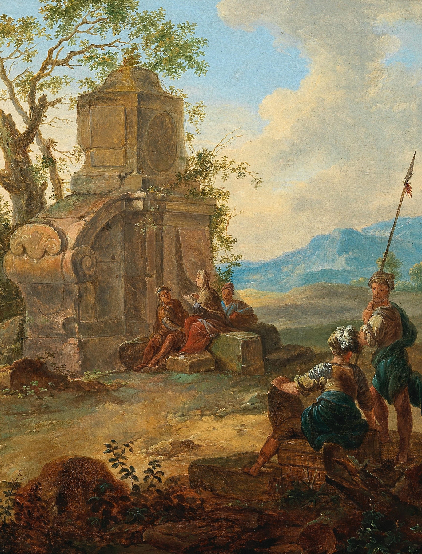 A landscape with ruins and resting figures by Franz de Paula Ferg, medium unknown