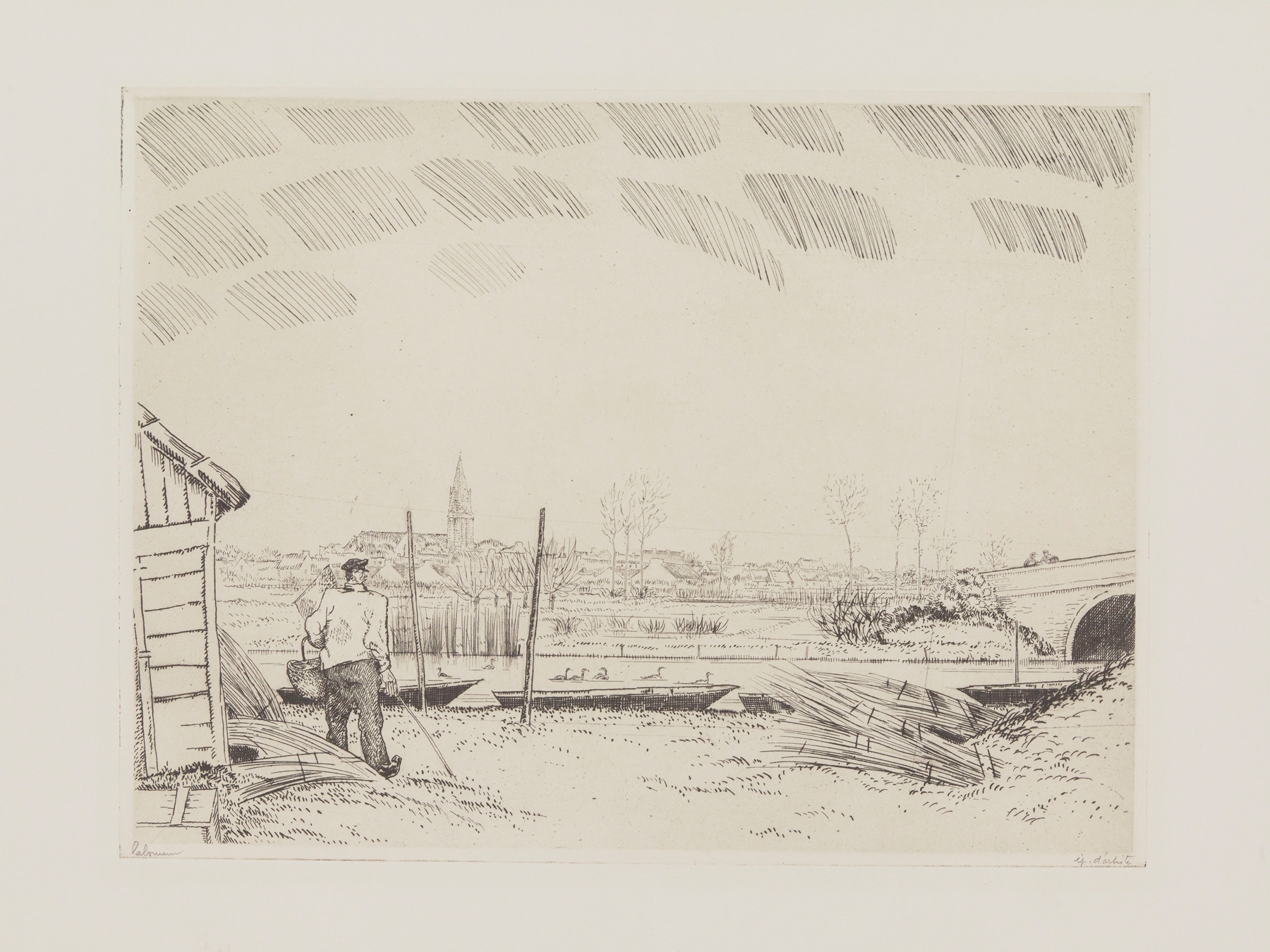 Engraving by Jean-Émile Laboureur depicting a bridge over a river