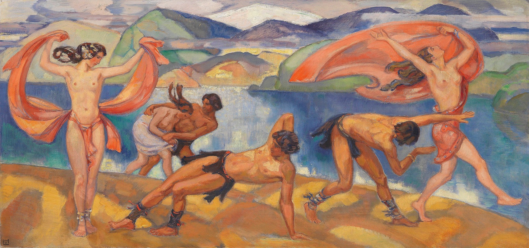 A vibrant landscape painting featuring dancing figures by Ludwig von Hofmann.